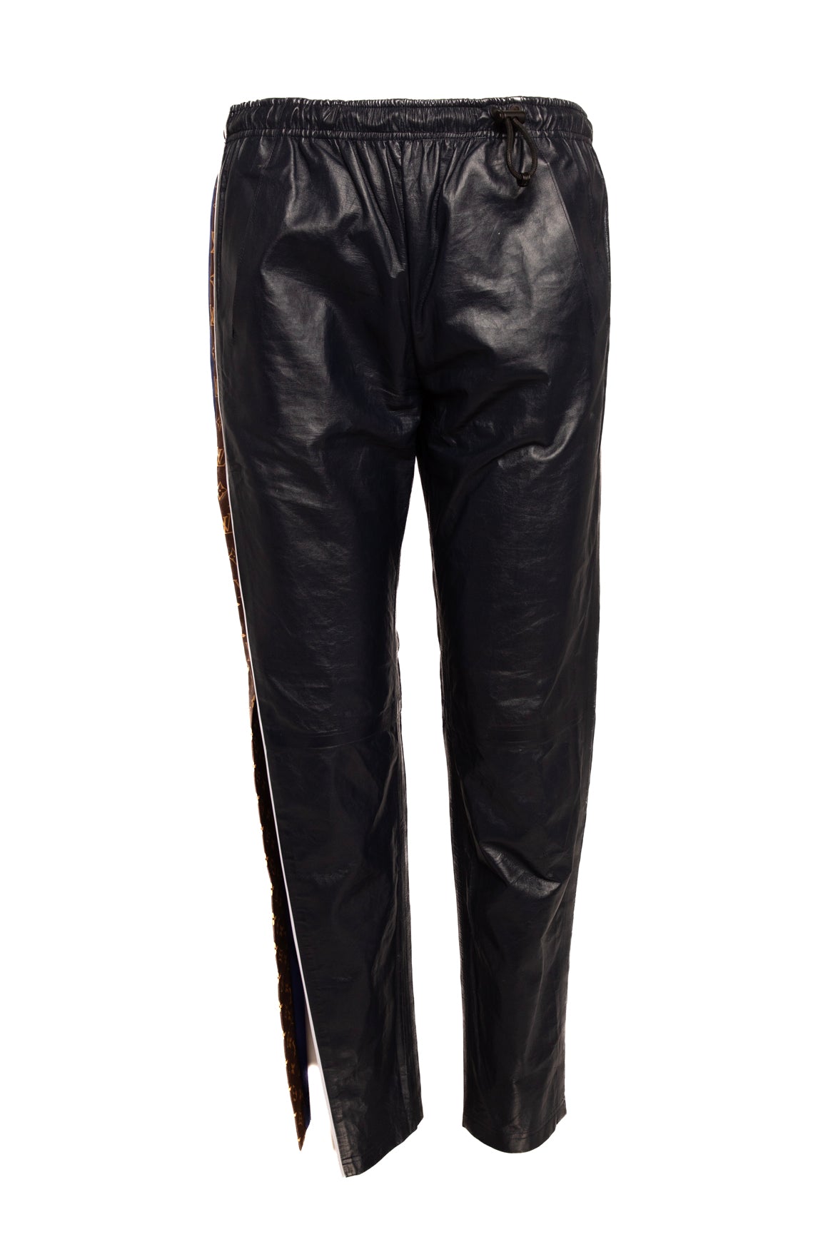 LOUIS VUITTON Navy Leather & Monogram Stripe Accent Joggers (Sz.S)