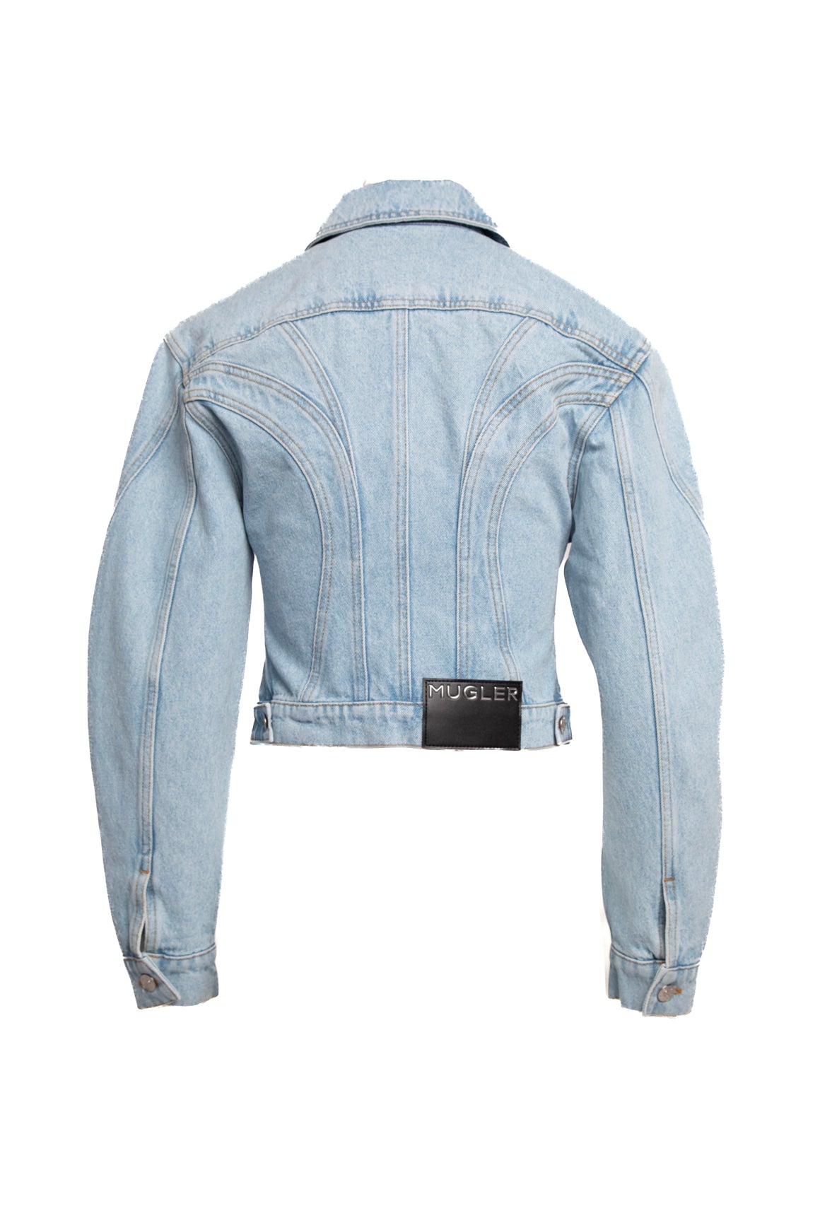 MUGLER Light Wash Denim Leather Logo Label Jacket (Sz. 0)