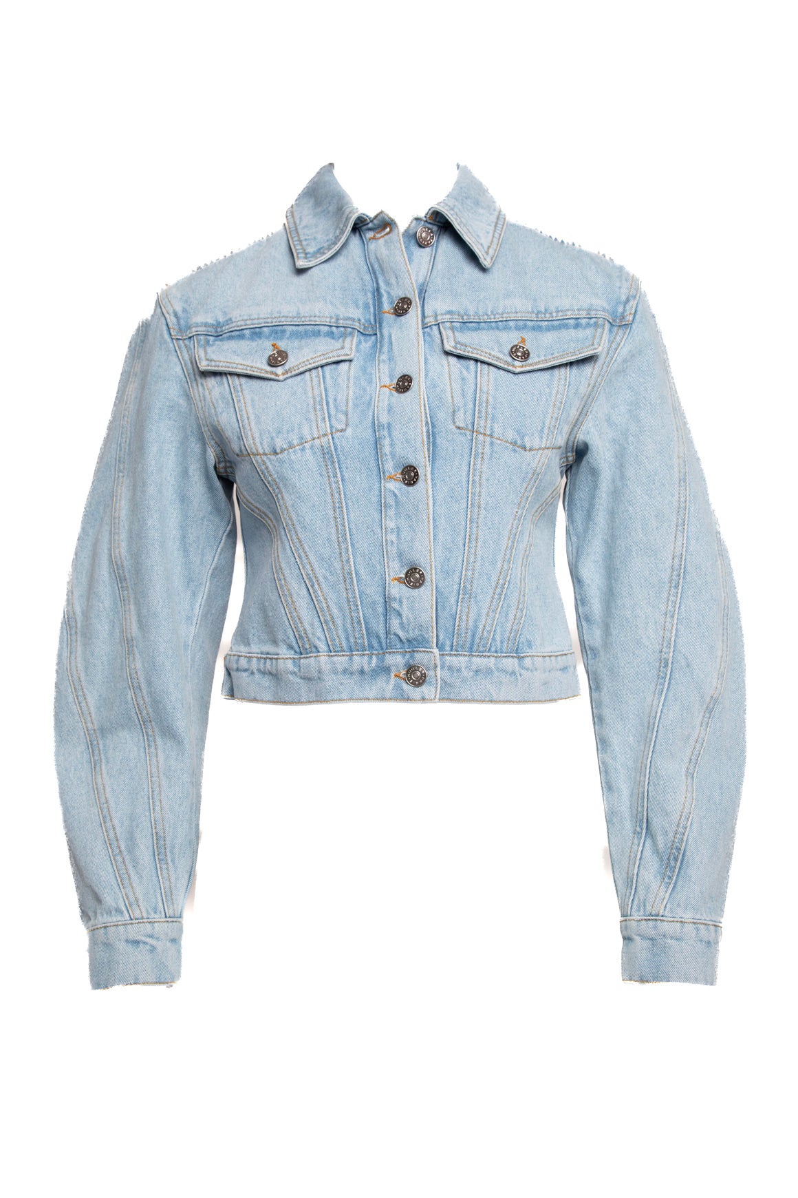 MUGLER Light Wash Denim Leather Logo Label Jacket (Sz. 0)