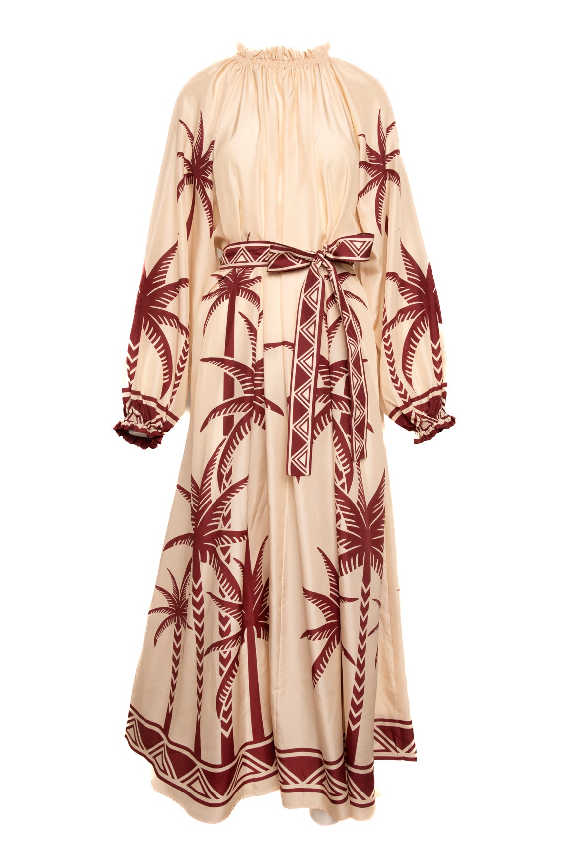 LA DOUBLE J Cream & Maroon Palm Print Silk Dress (Sz. L)