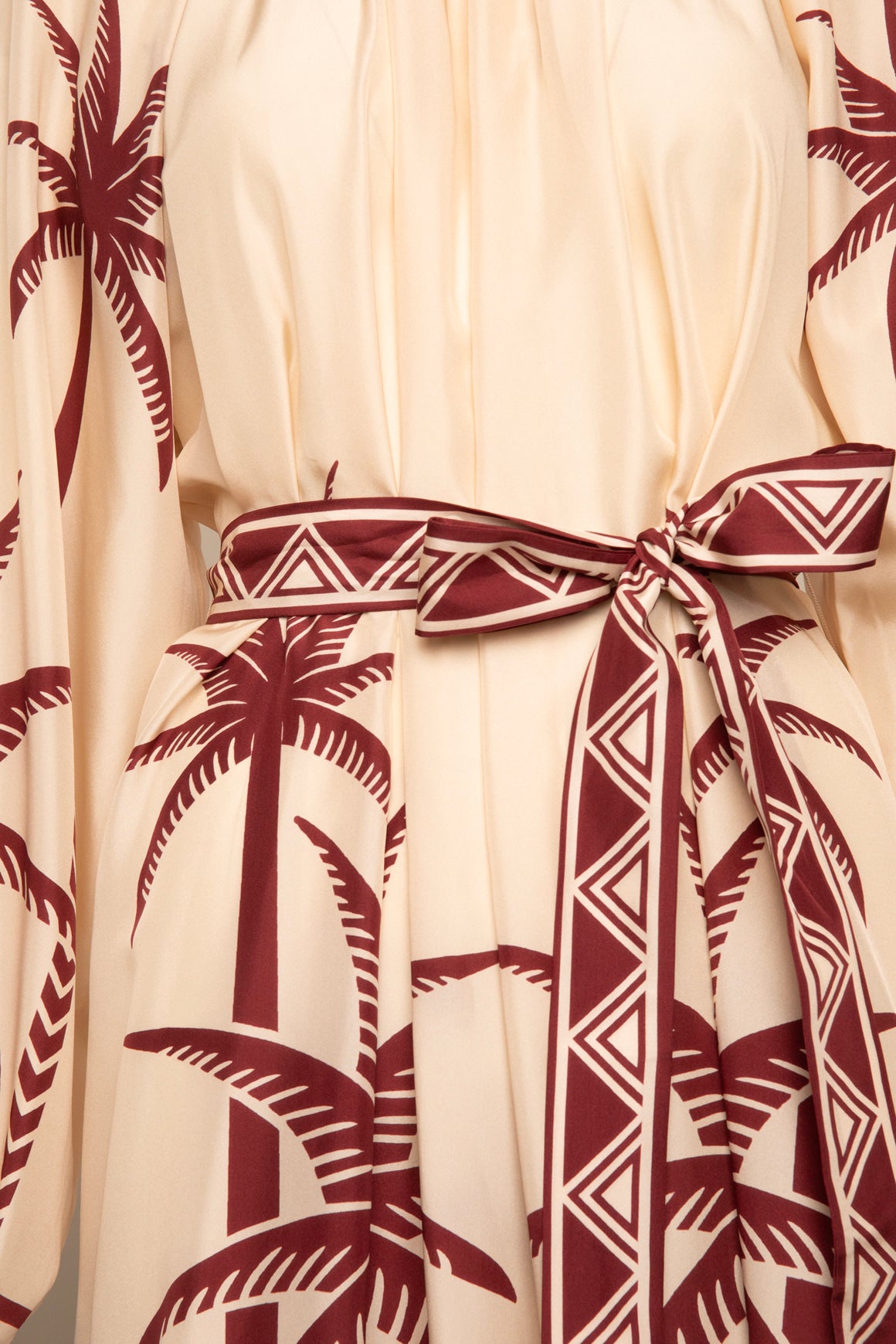 LA DOUBLE J Cream & Maroon Palm Print Silk Dress (Sz. L)