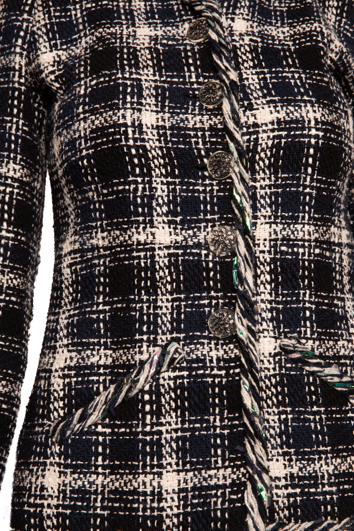 CHANEL Blue & Cream Plaid Tweed Longline Jacket (Sz.34/0)
