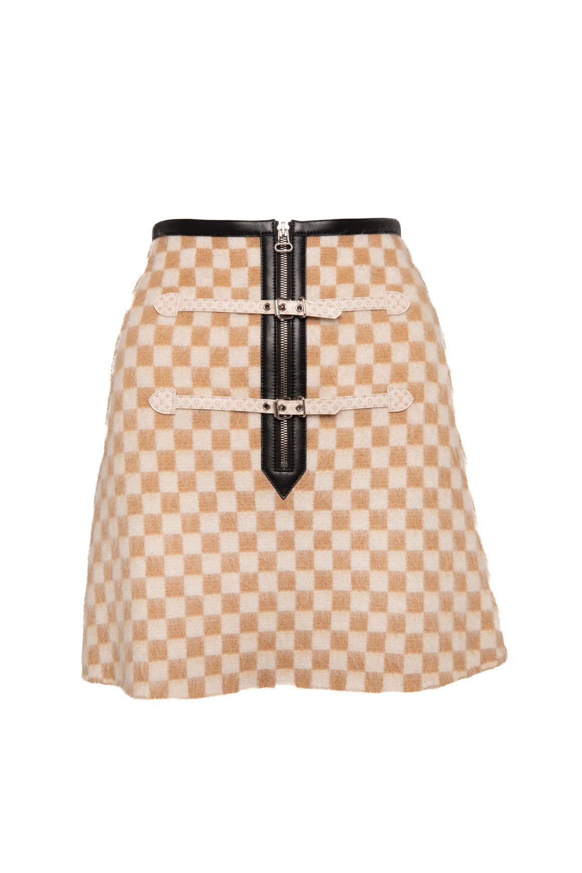 LOUIS VUITTON Beige Checker Leather Trim Jacket & Skirt (Sz.S)