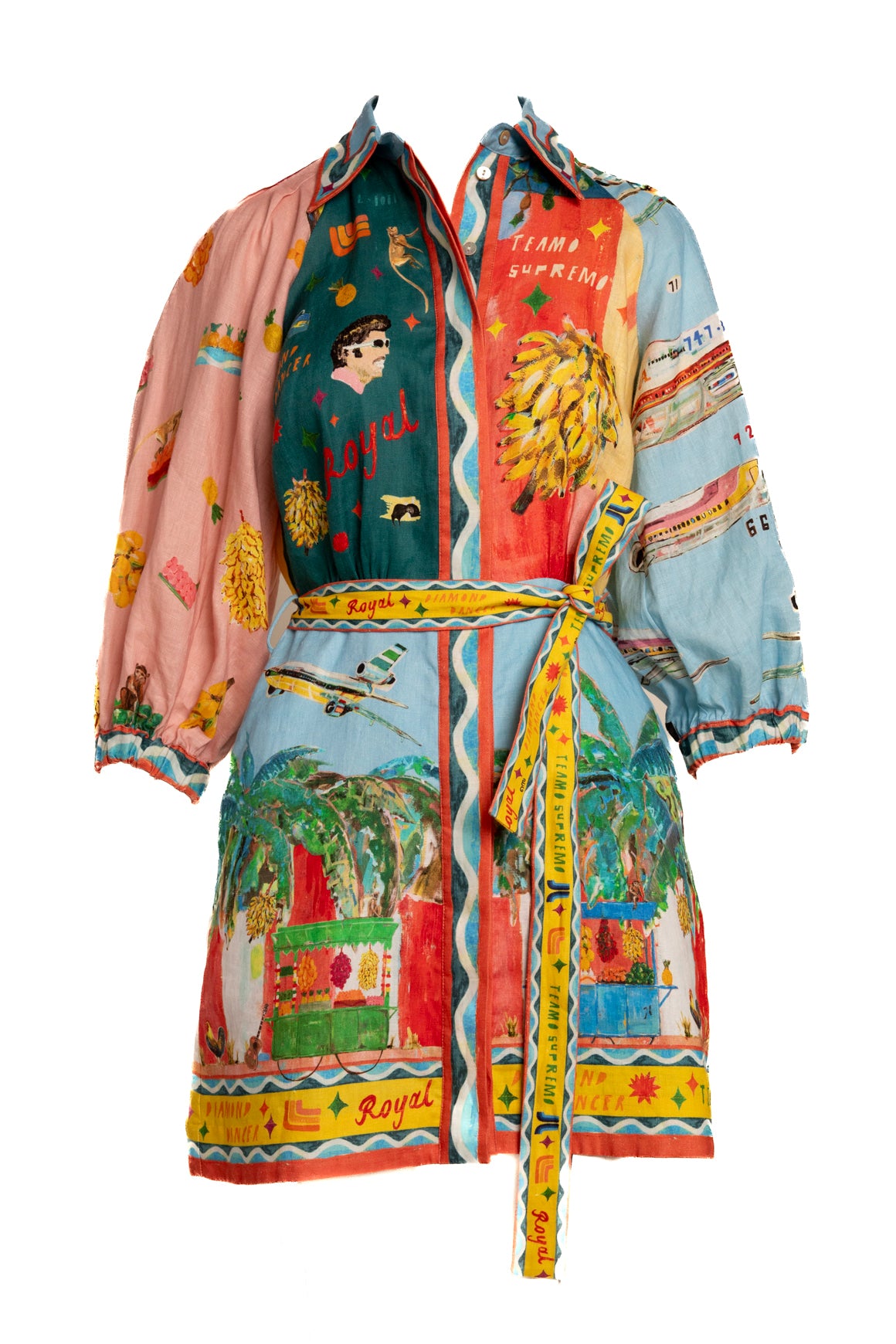 chinese dress ladies ALEMIAS Printed Linen Balloon Belted Mini Dress (Sz.2)