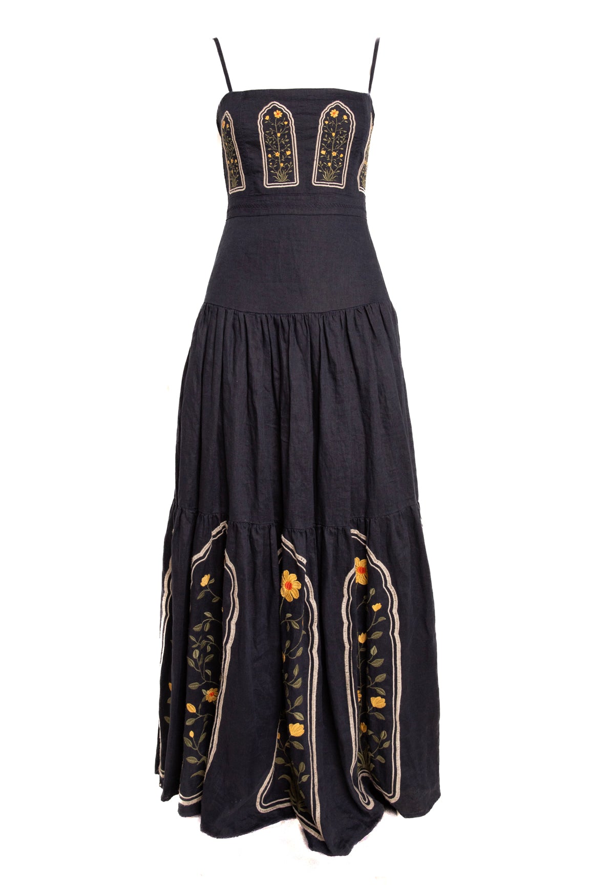 AGUA BENDITA Navy Embroidered Linen Maxi Dress (Sz. M)
