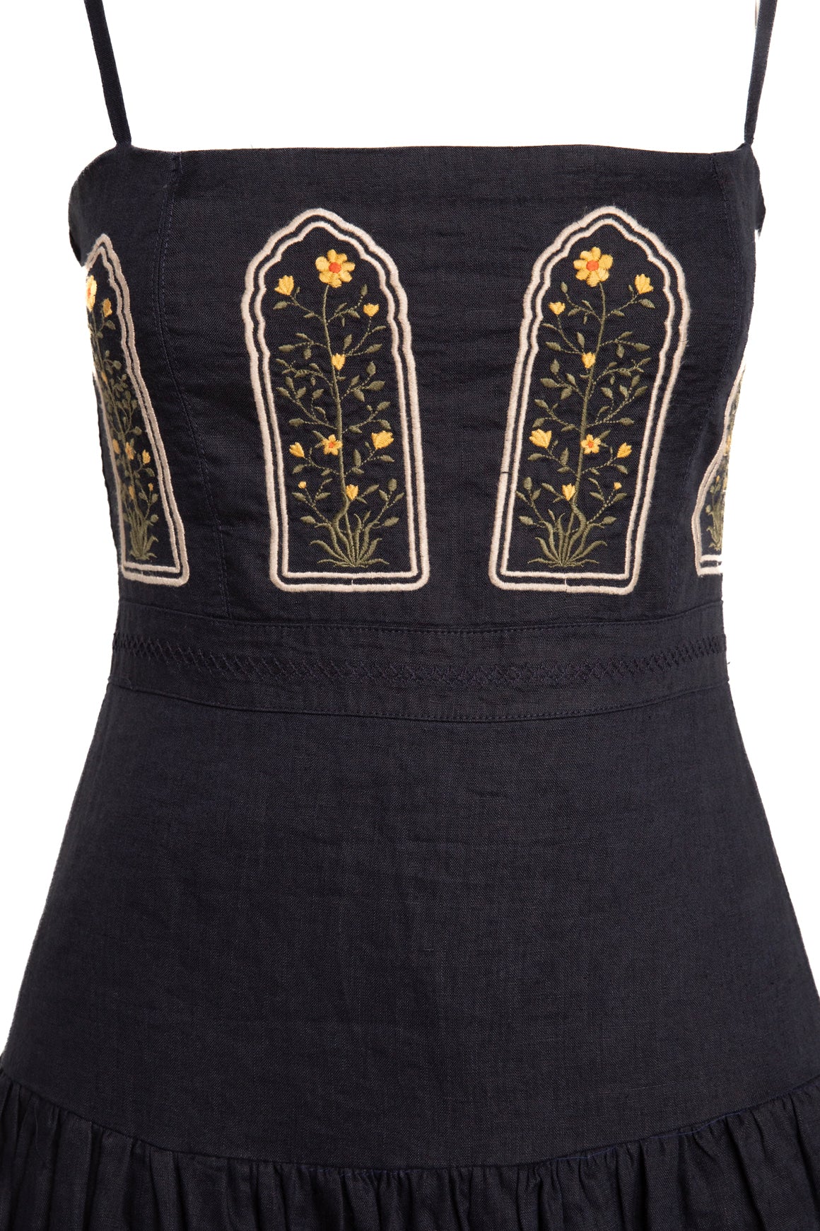 AGUA BENDITA Navy Embroidered Linen Maxi Dress (Sz. M)