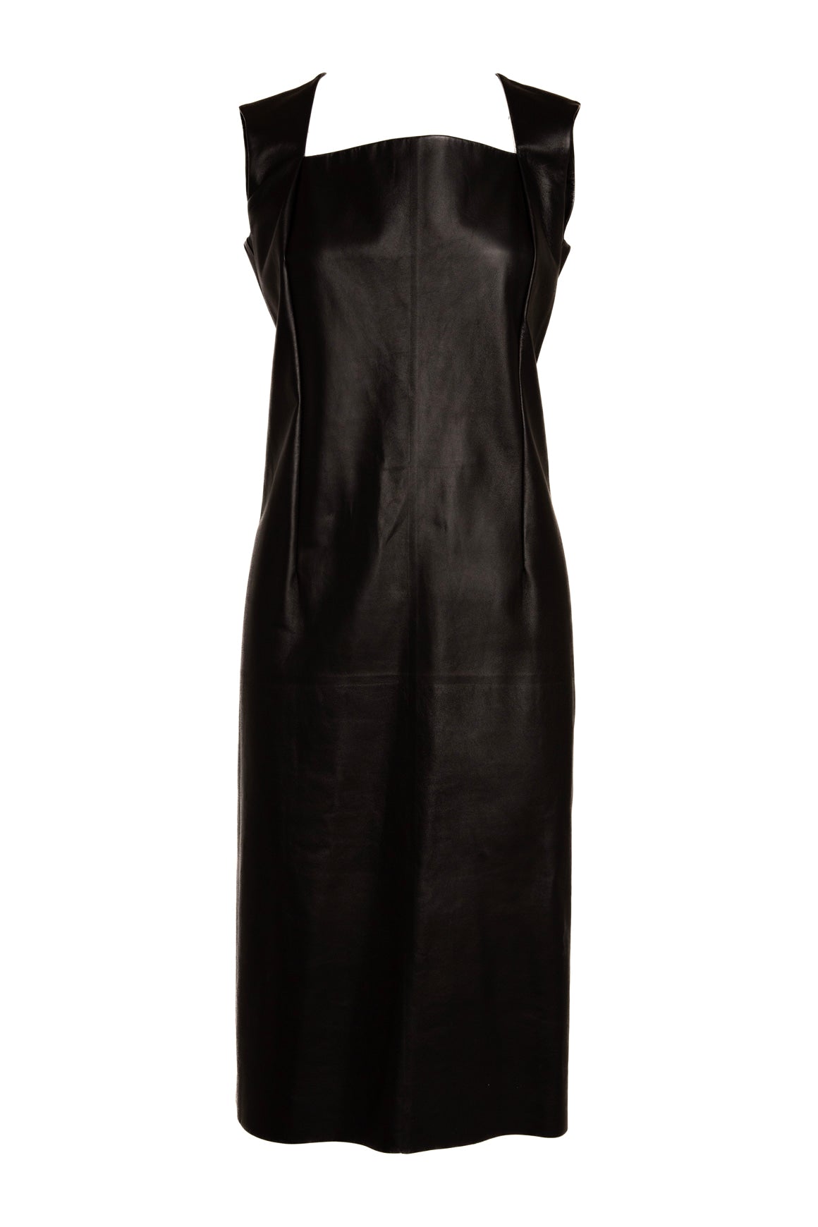 BOTTEGA VENETA Black Square Neck Leather Midi Dress (Sz. 42/6)