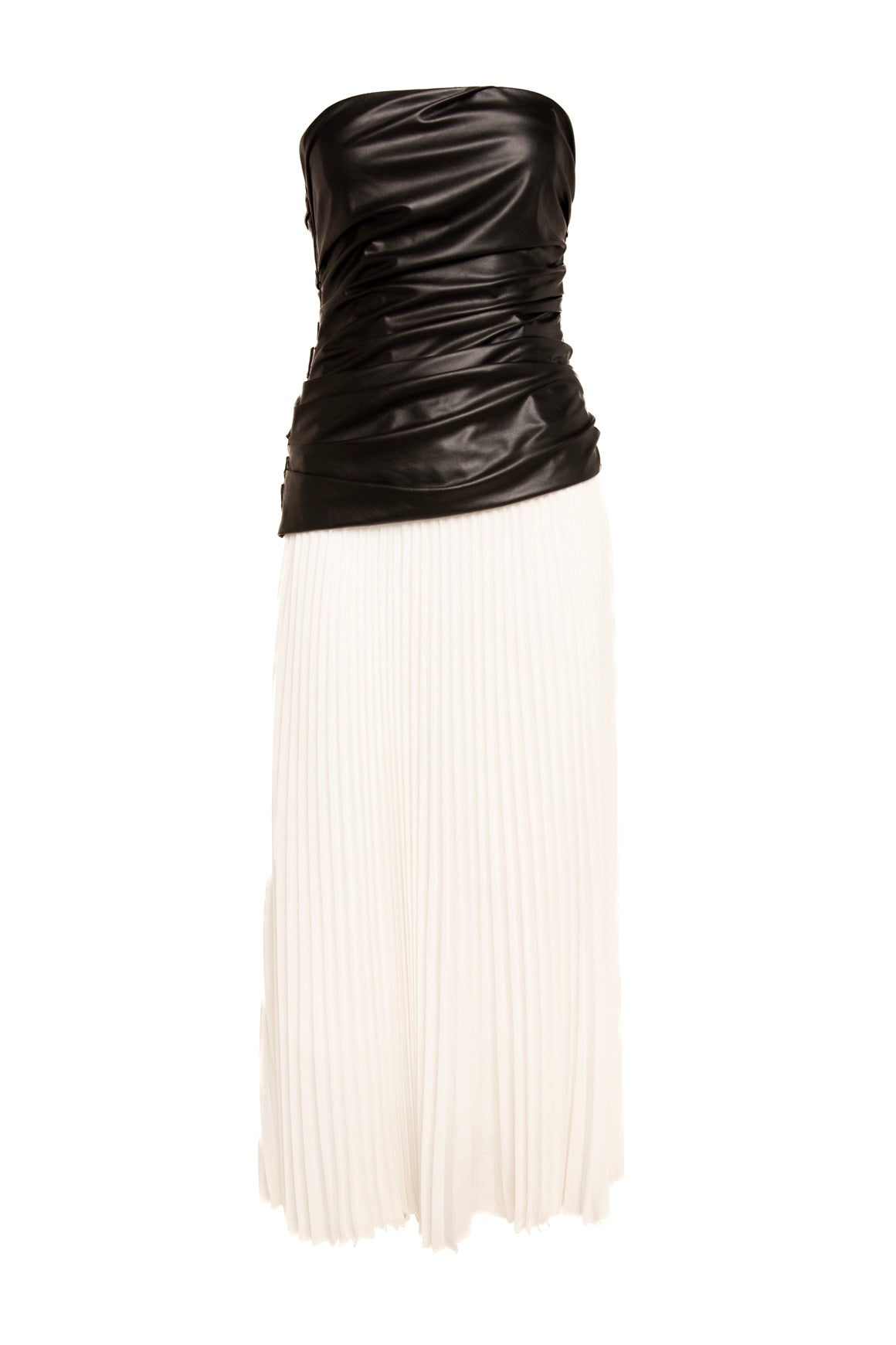 SIMKHAI Black Faux Leather & White Pleat Midi Dress (Sz. 4)