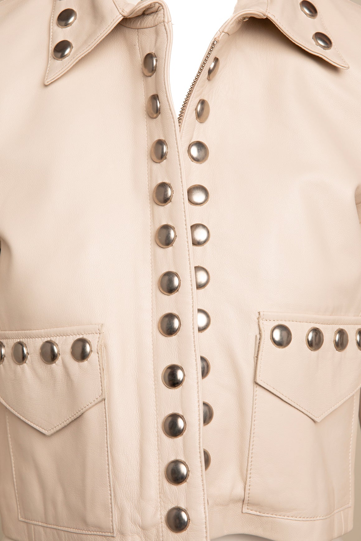 NOUR HAMMOUR Cream Silver Stud Leather Zip Jacket (Sz.34/XS)