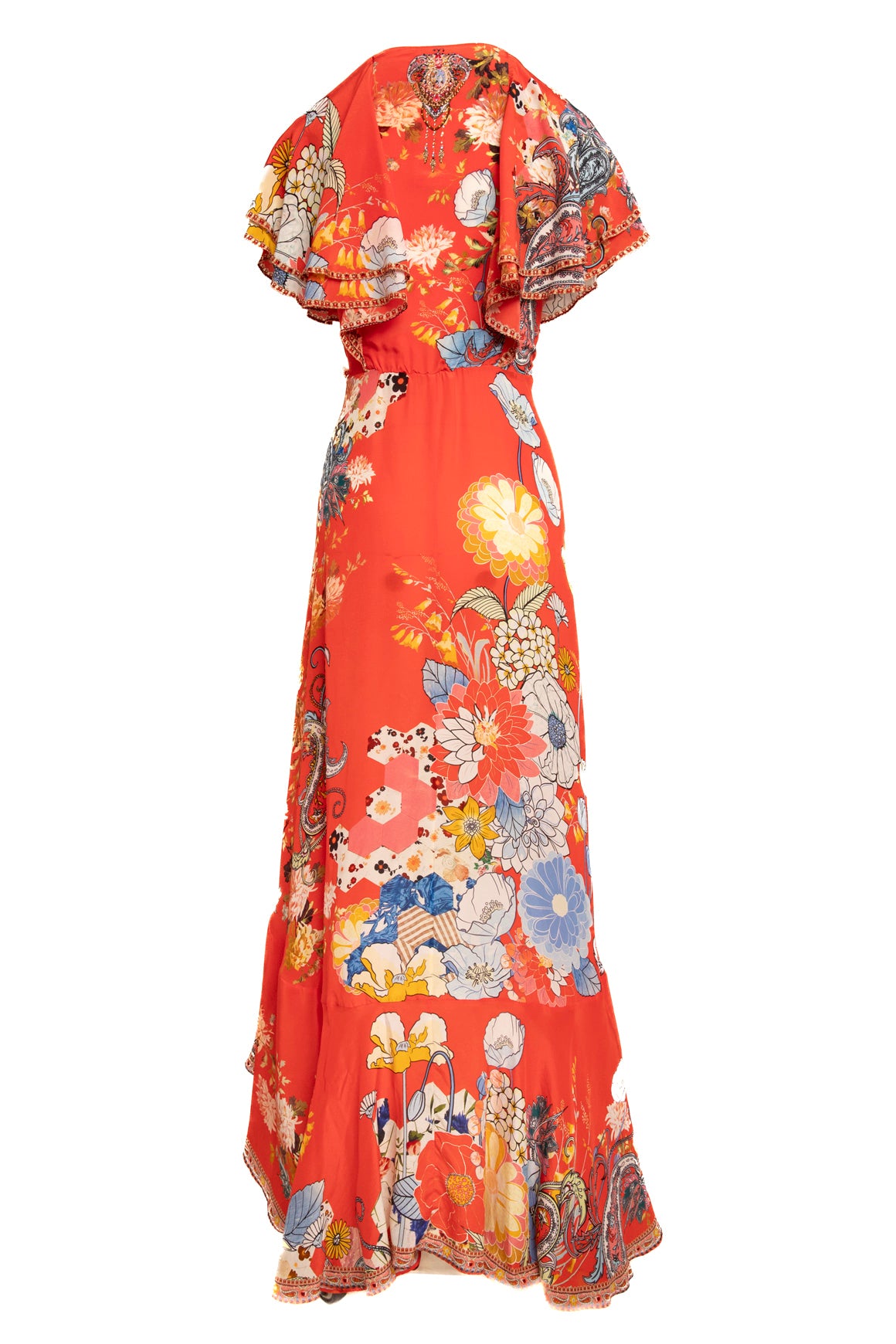 chinese dress ladies CAMILLA Red Multi Floral Print Silk Flutter Sleeve Maxi (Sz.XS)