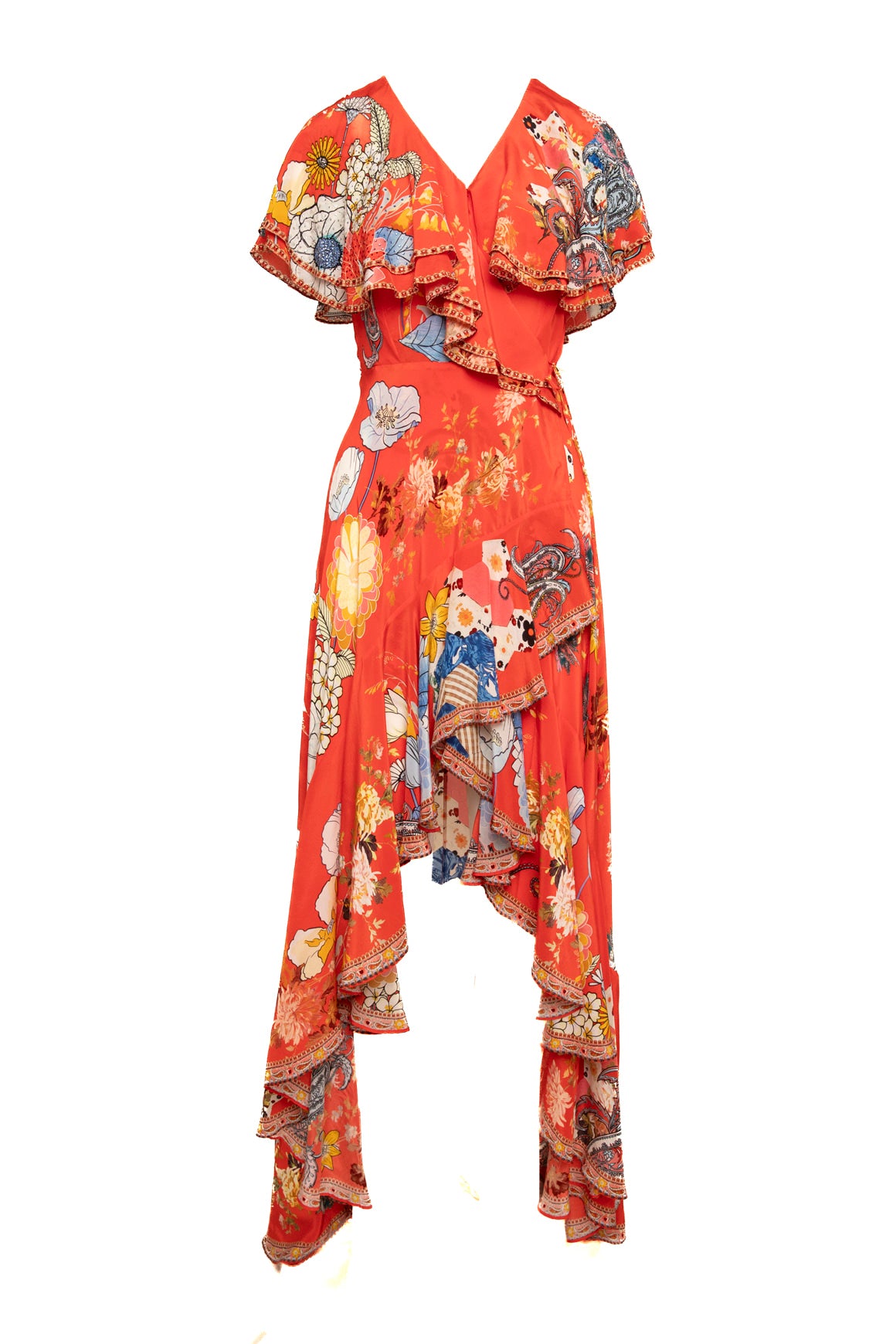 CAMILLA Red Multi Floral Print Silk Flutter Sleeve Maxi (Sz.XS)