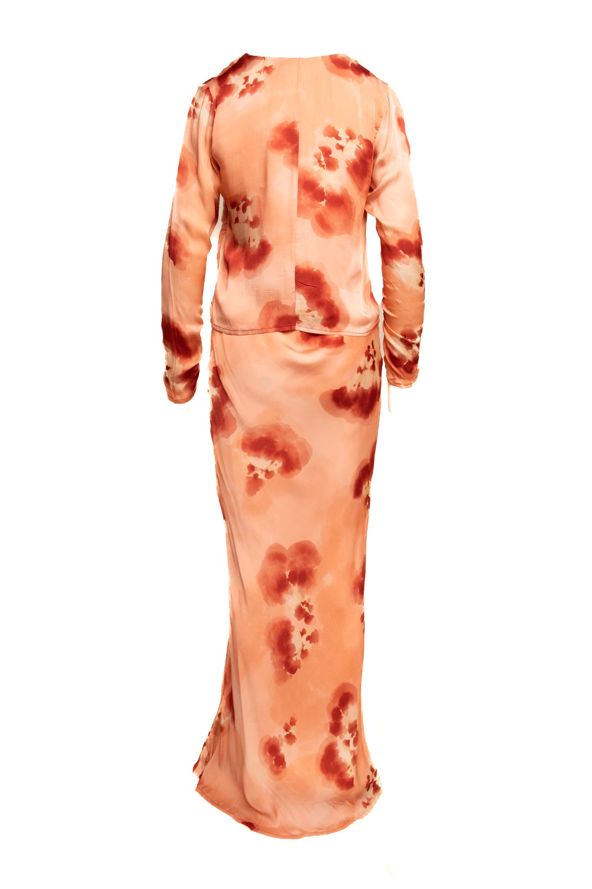 MARIACHER Peach Watercolor Print Satin Top + Maxi Skirt Set (Sz. M)