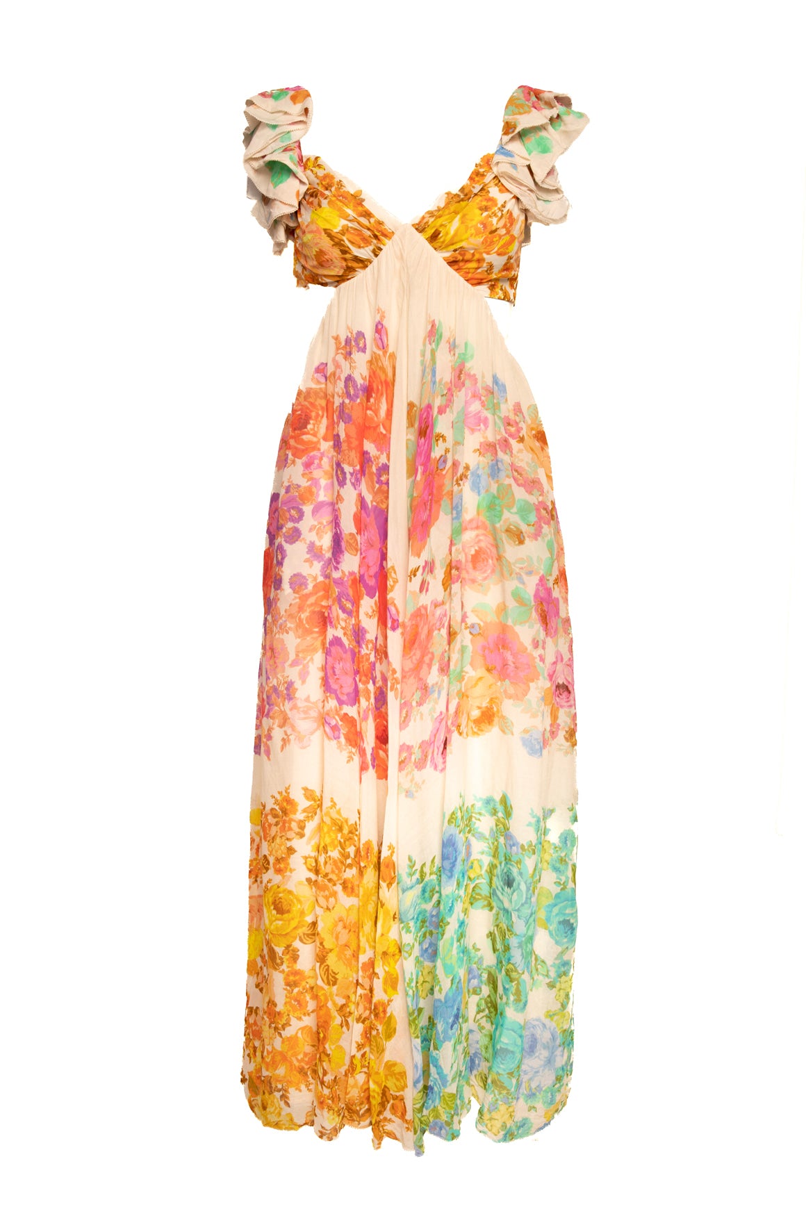 ZIMMERMANN Pink Yellow Multi Floral Silk "Raie" Frill Midi Dress (Sz. 2)