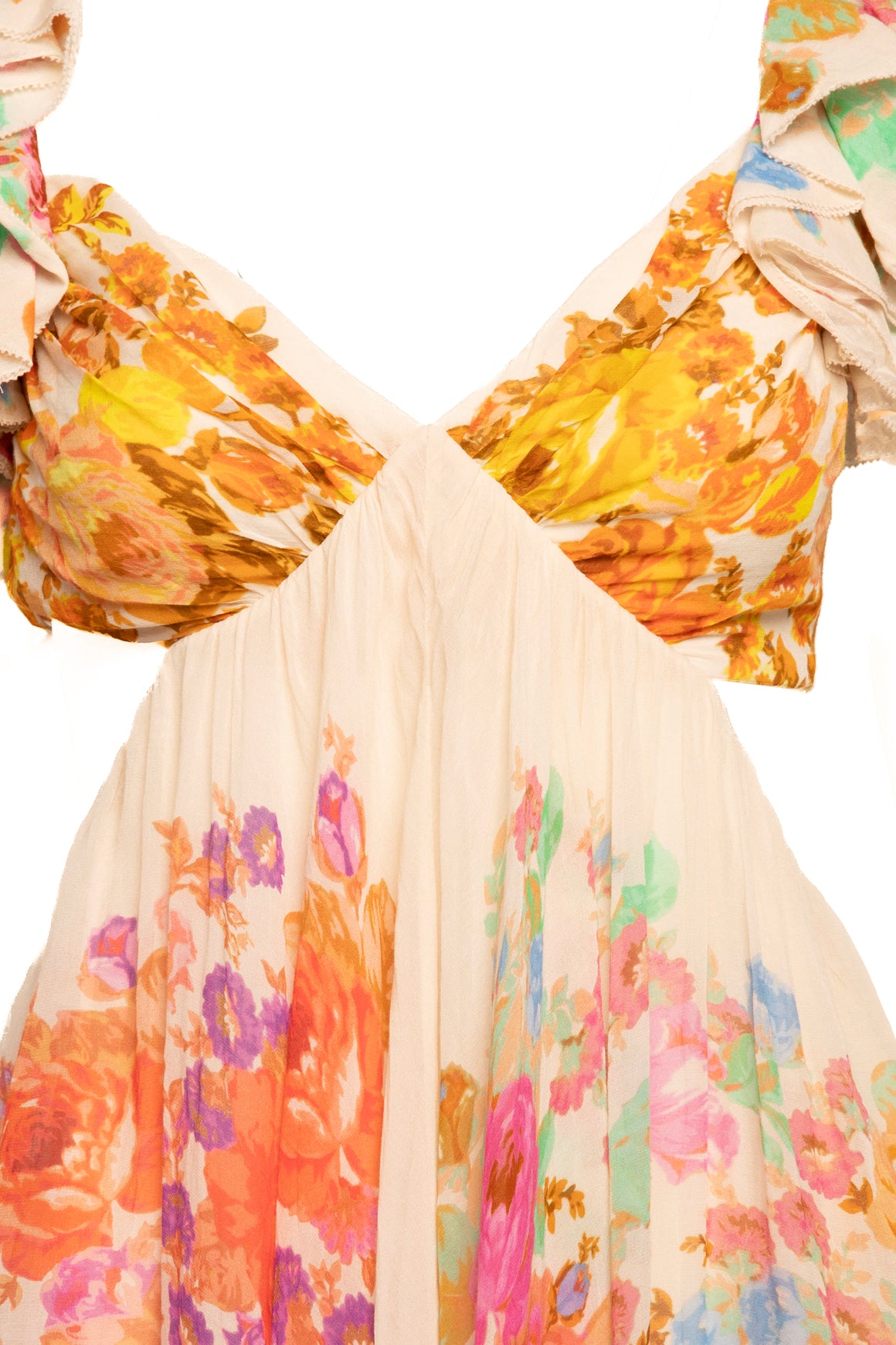 ZIMMERMANN Pink Yellow Multi Floral Silk "Raie" Frill Midi Dress (Sz. 2)