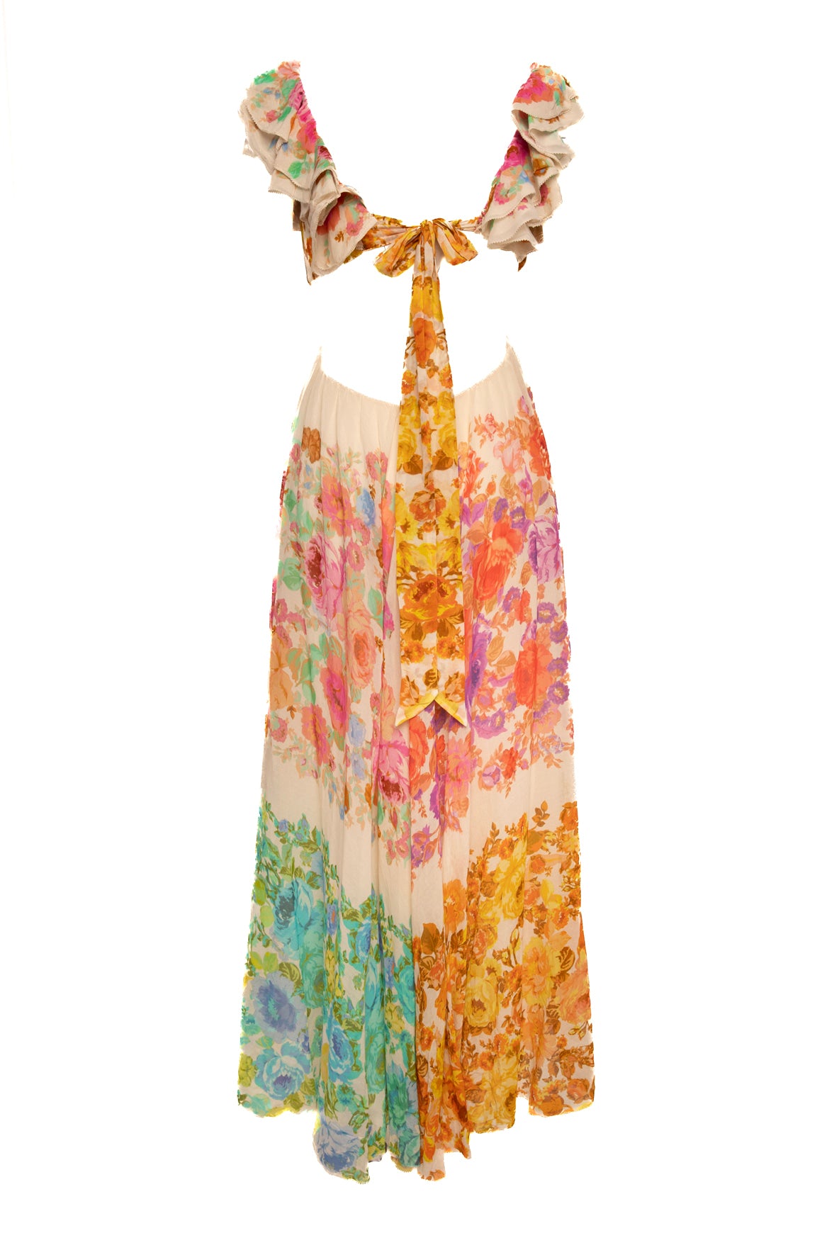 ZIMMERMANN Pink Yellow Multi Floral Silk "Raie" Frill Midi Dress (Sz. 2)