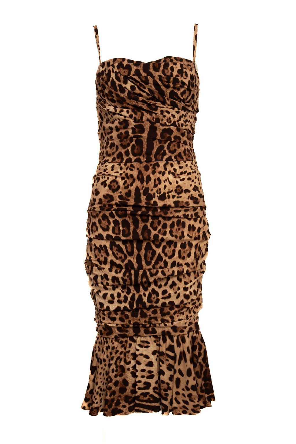 DOLCE & GABBANA Leopard Silk Ruched Bodycon Midi Dress (Sz.44/8)
