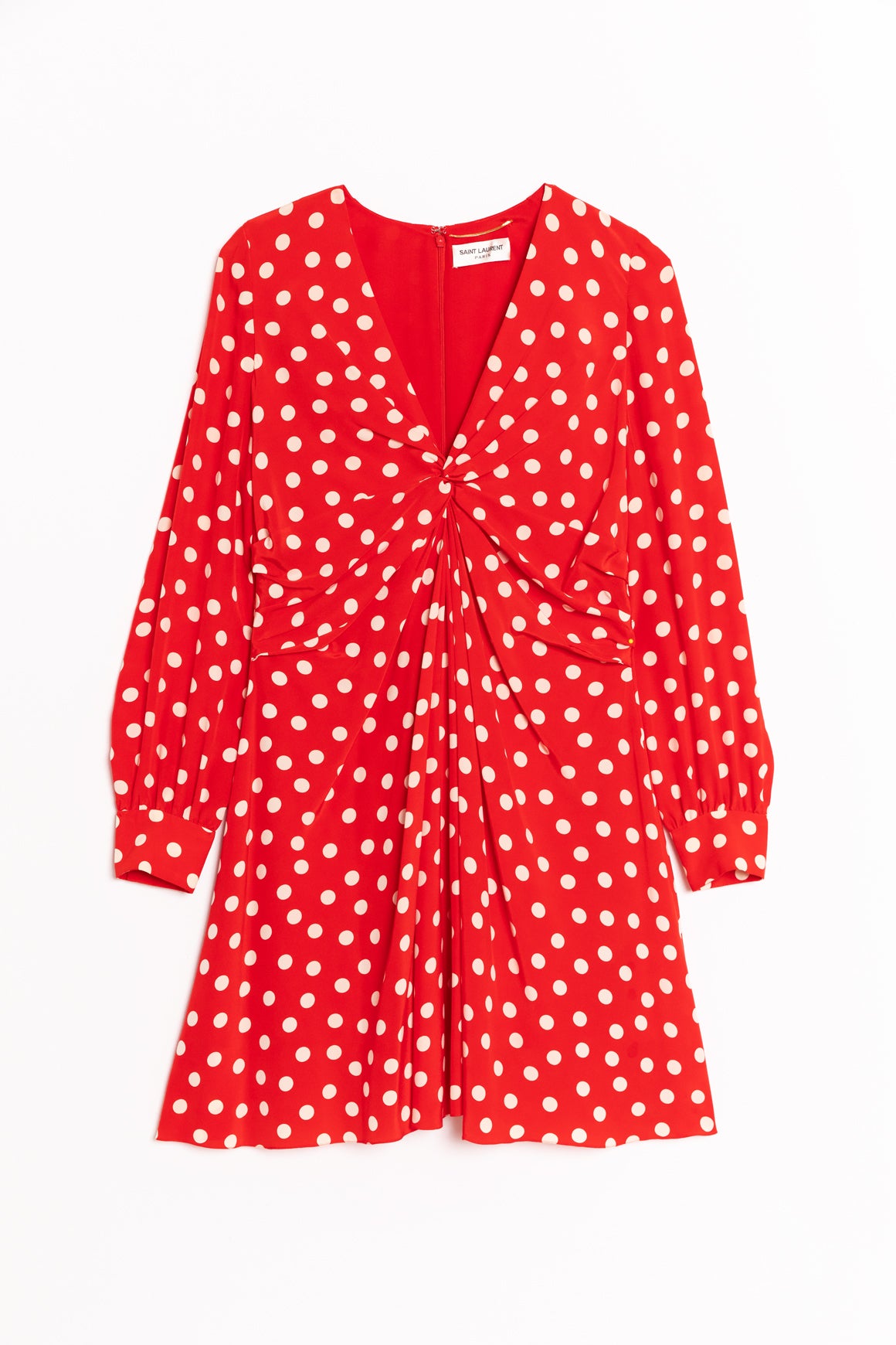 SAINT LAURENT Red Polka Dot Gathered Mini Dress