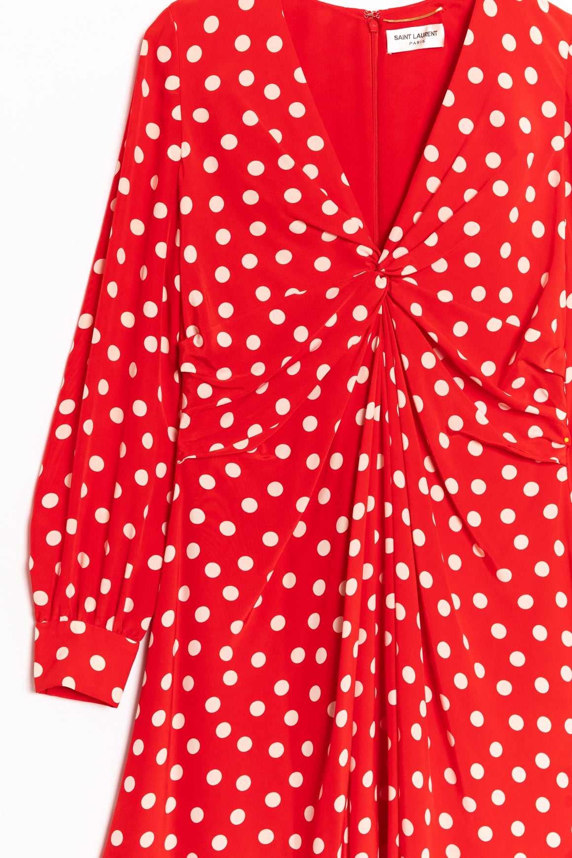 SAINT LAURENT Red Polka Dot Gathered Mini Dress