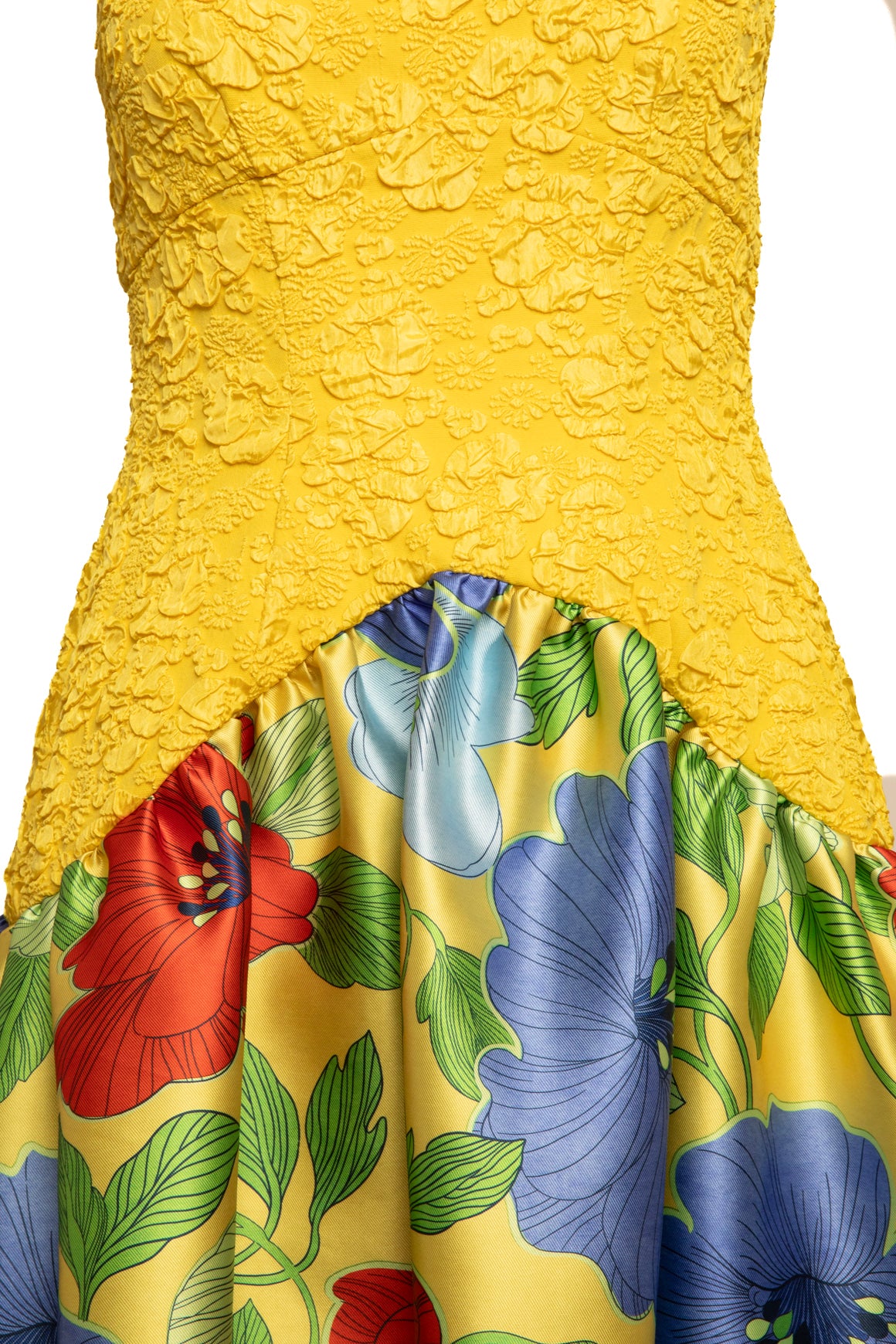 ALEMAIS Yellow & Floral Drop Waist Gown (Sz. 8)