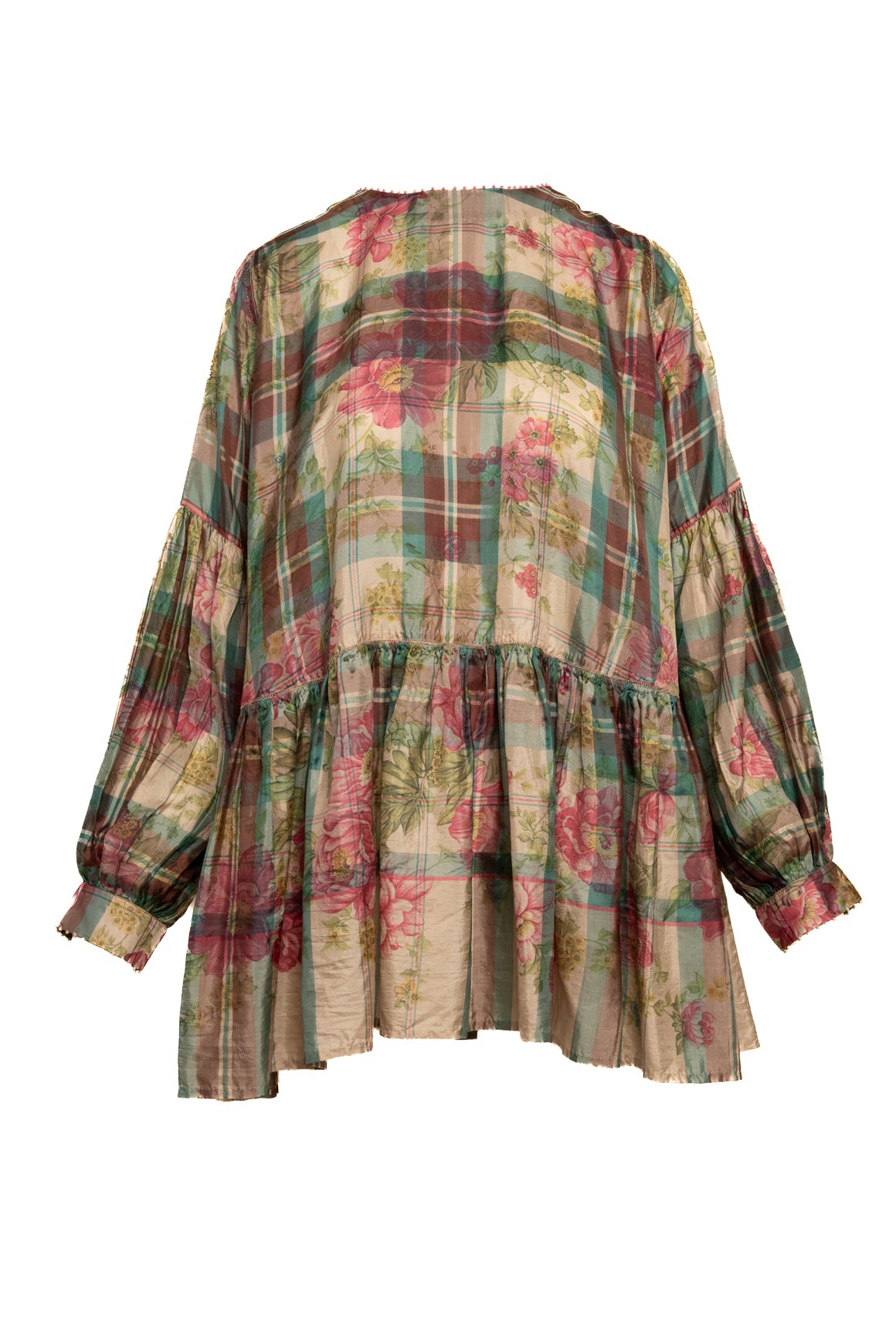 PERO Pink & Teal Plaid + Floral Peplum Blouse (Sz. 34/2)