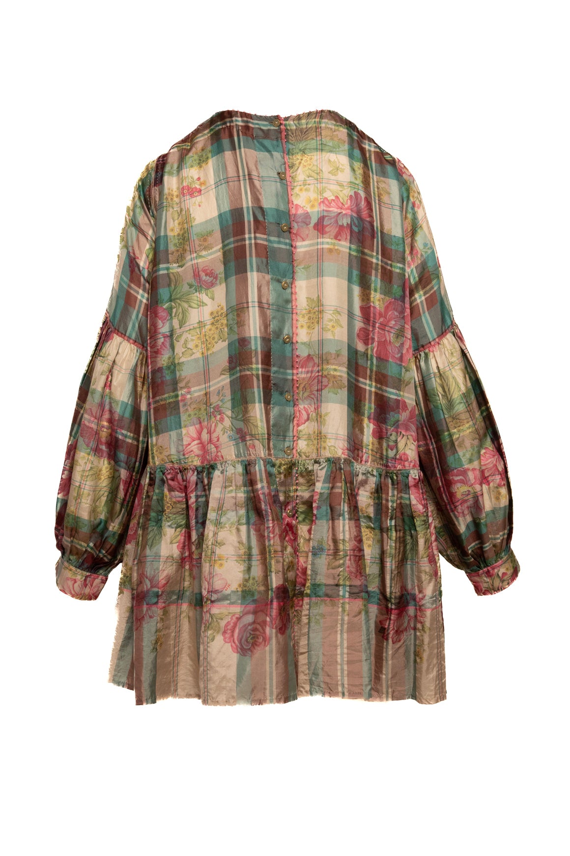PERO Pink & Teal Plaid + Floral Peplum Blouse (Sz. 34/2)