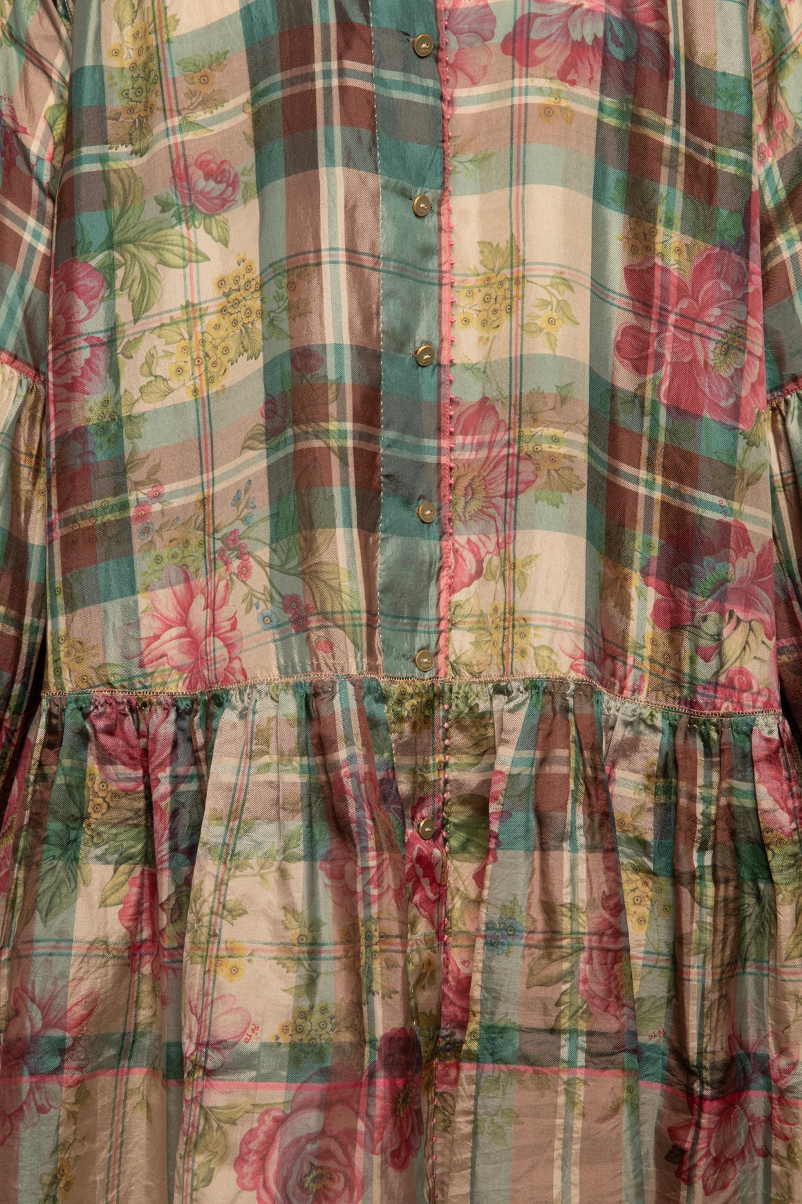PERO Pink & Teal Plaid + Floral Peplum Blouse (Sz. 34/2)