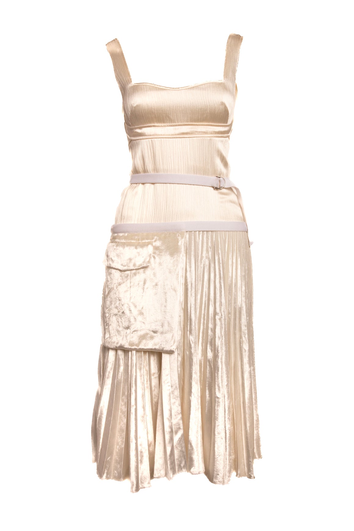 VICTORIA BECKHAM Cream Silk & Velvet Drop Waist Midi Dress (Sz. 8)