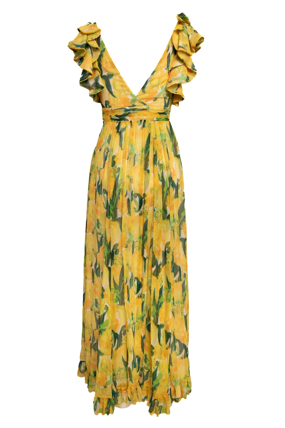 LA DOUBLE J Yellow Silk Floral Print Maxi Gown (Sz. XS)