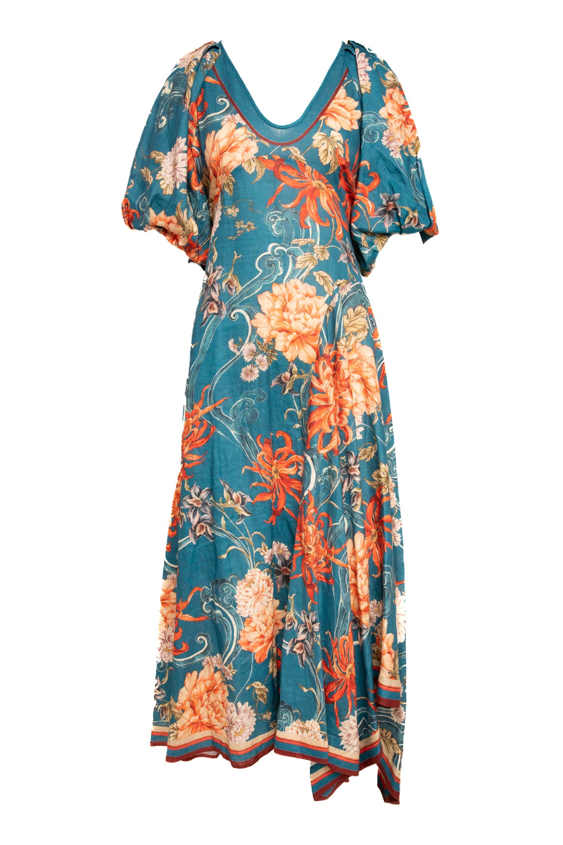 ALEMAIS Teal/Red Floral Linen Balloon Slv Mazi Dress (Sz. 8)