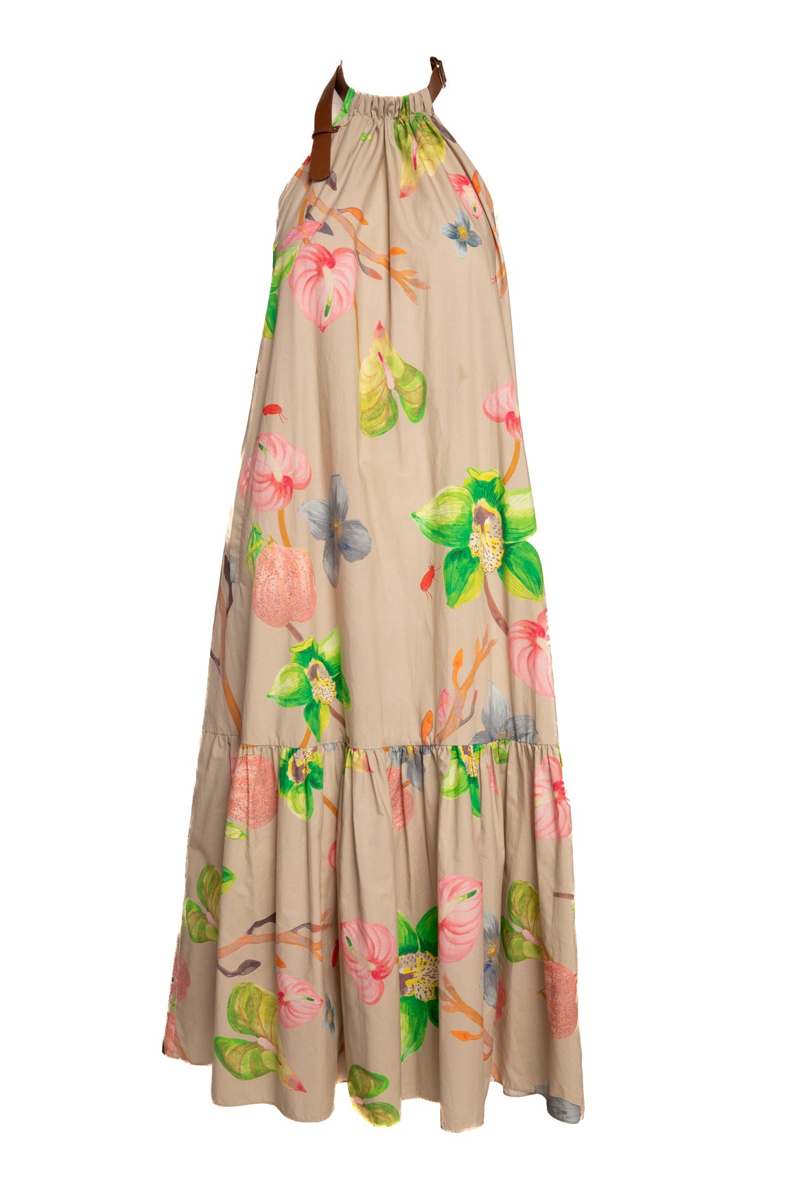 TIBI Brown Leather Buckle Neck Taupe Floral Maxi Dress (Sz. 2)