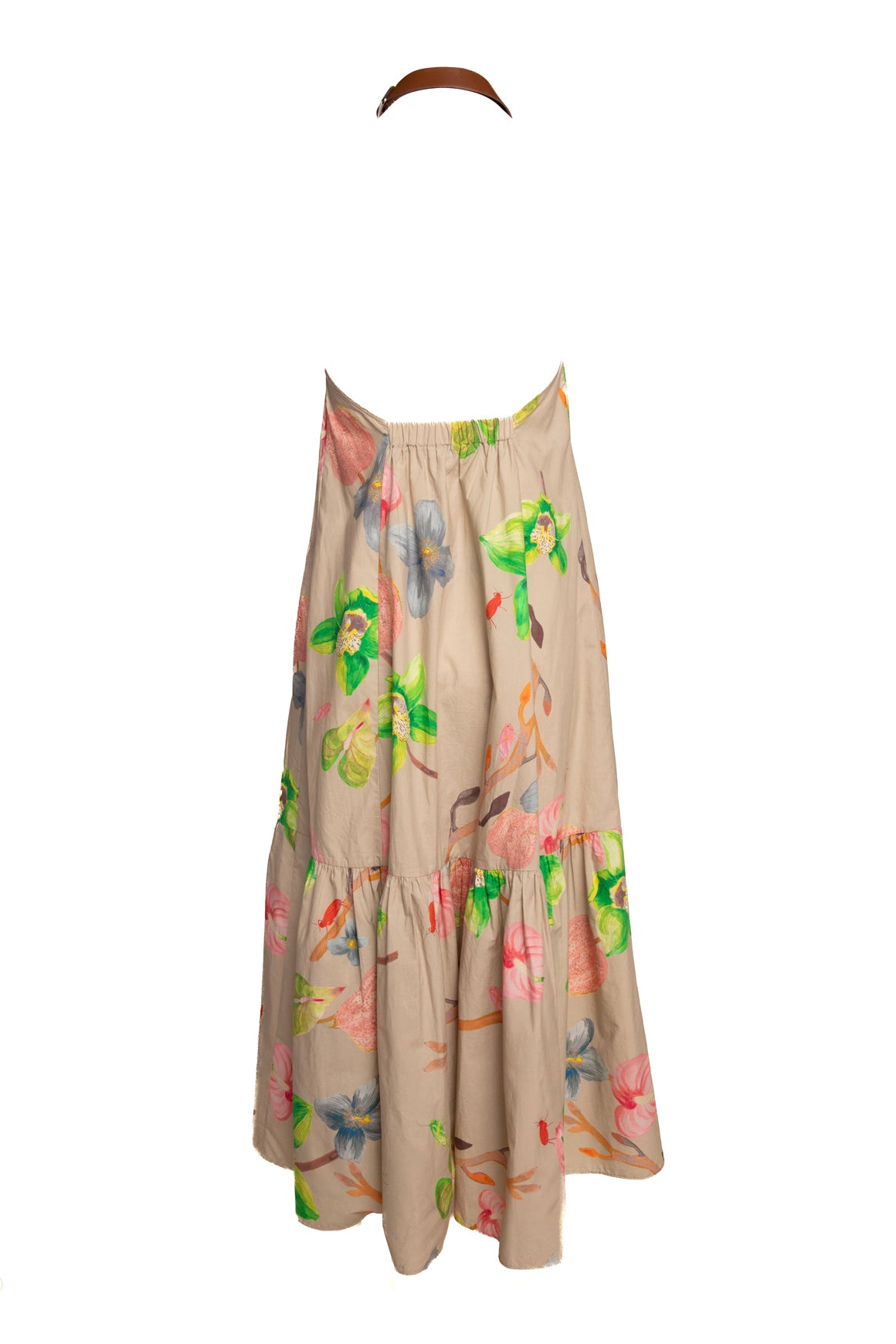 TIBI Brown Leather Buckle Neck Taupe Floral Maxi Dress (Sz. 2)