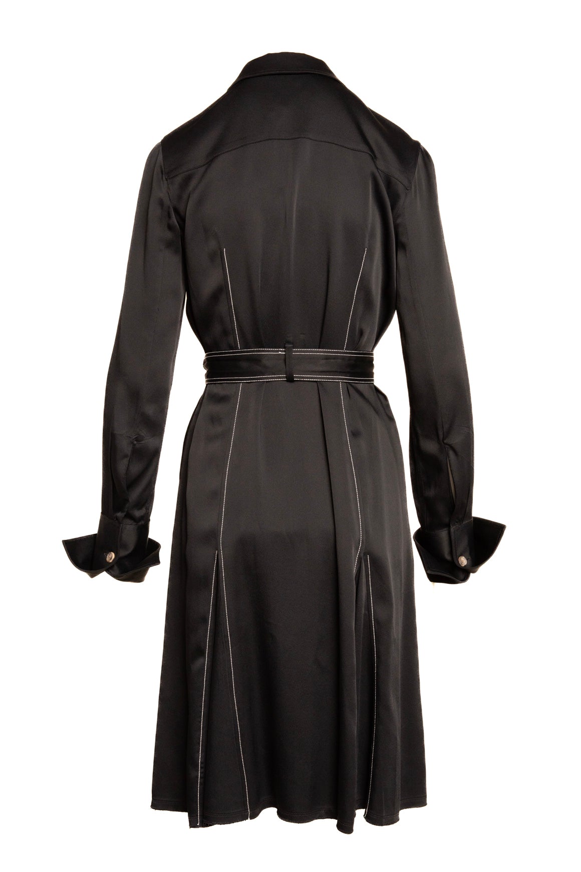 KHAITE Black Satin Contrast Stitch Belted Mini Dress (Sz. 6)