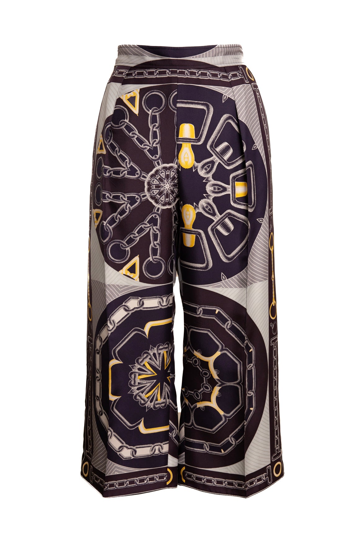 HERMES Navy Printed Silk Crop Pants (Sz. 36/XS)