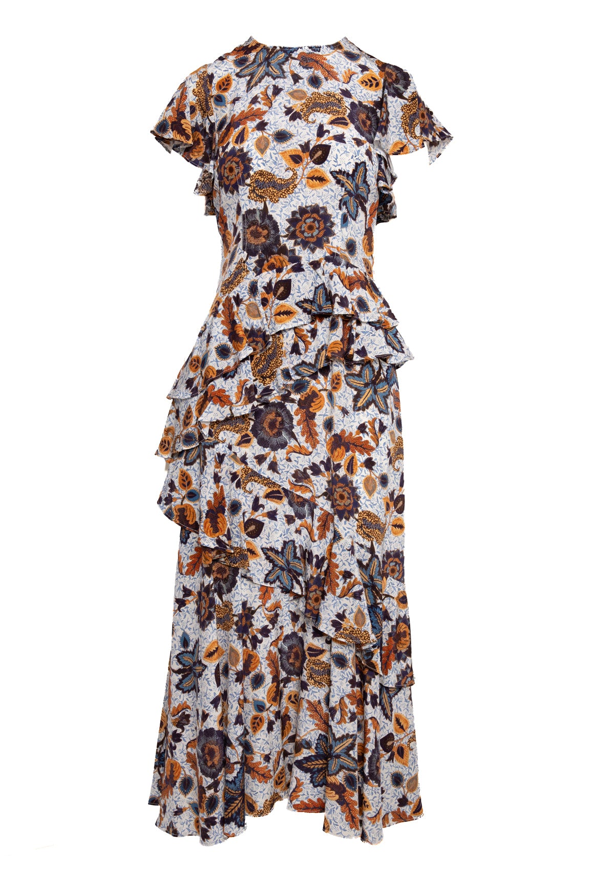 ULLA JOHNSON Ochre Floral Silk Ruffle Maxi Dress (Sz. 2)