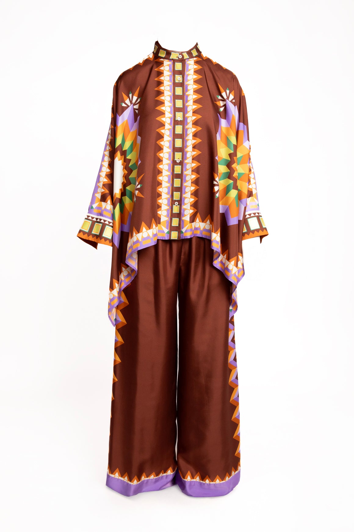 LA DOUBLE J Brown Printed Silk Blouse & Pants Set (Sz. L)
