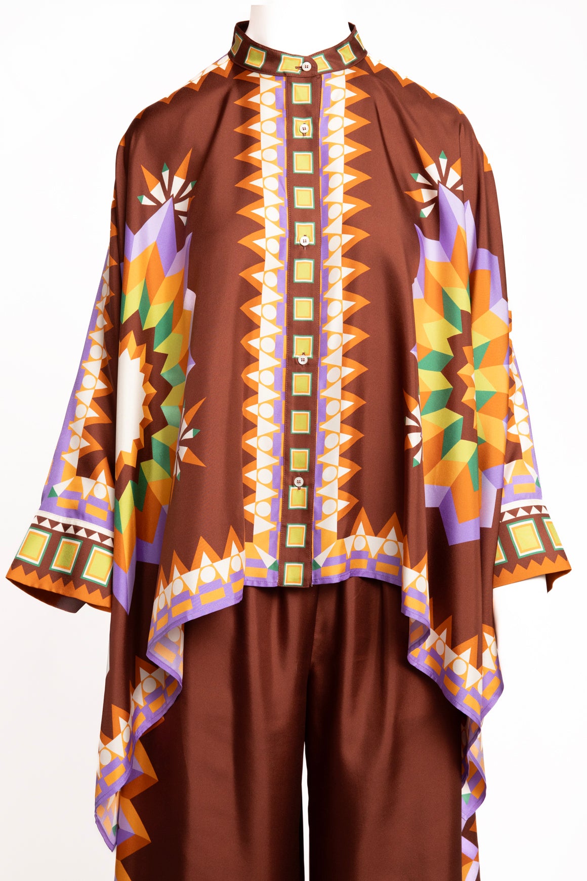 LA DOUBLE J Brown Printed Silk Blouse & Pants Set (Sz. L)