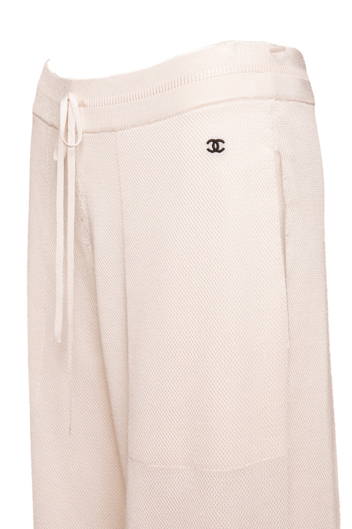 CHANEL Ivory Waffle Knit CC Drawstring Trousers (Sz. 40)