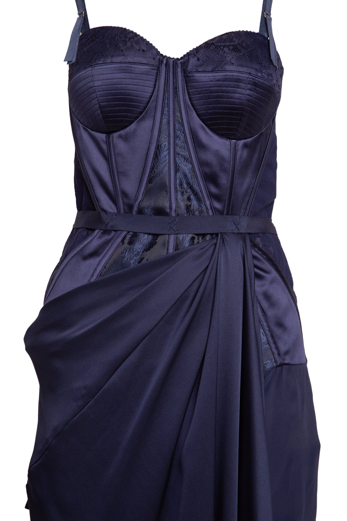 ALEXANDER MCQUEEN Blue Satin Bustier Draped Dress (Sz. 42/6)