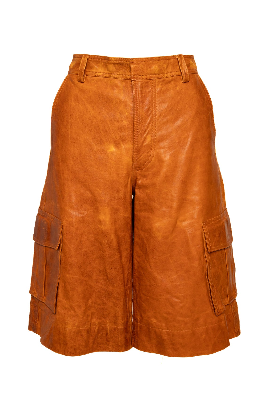 ALC Tan Distressed Leather Cargo Pocket Shorts (Sz. 2)