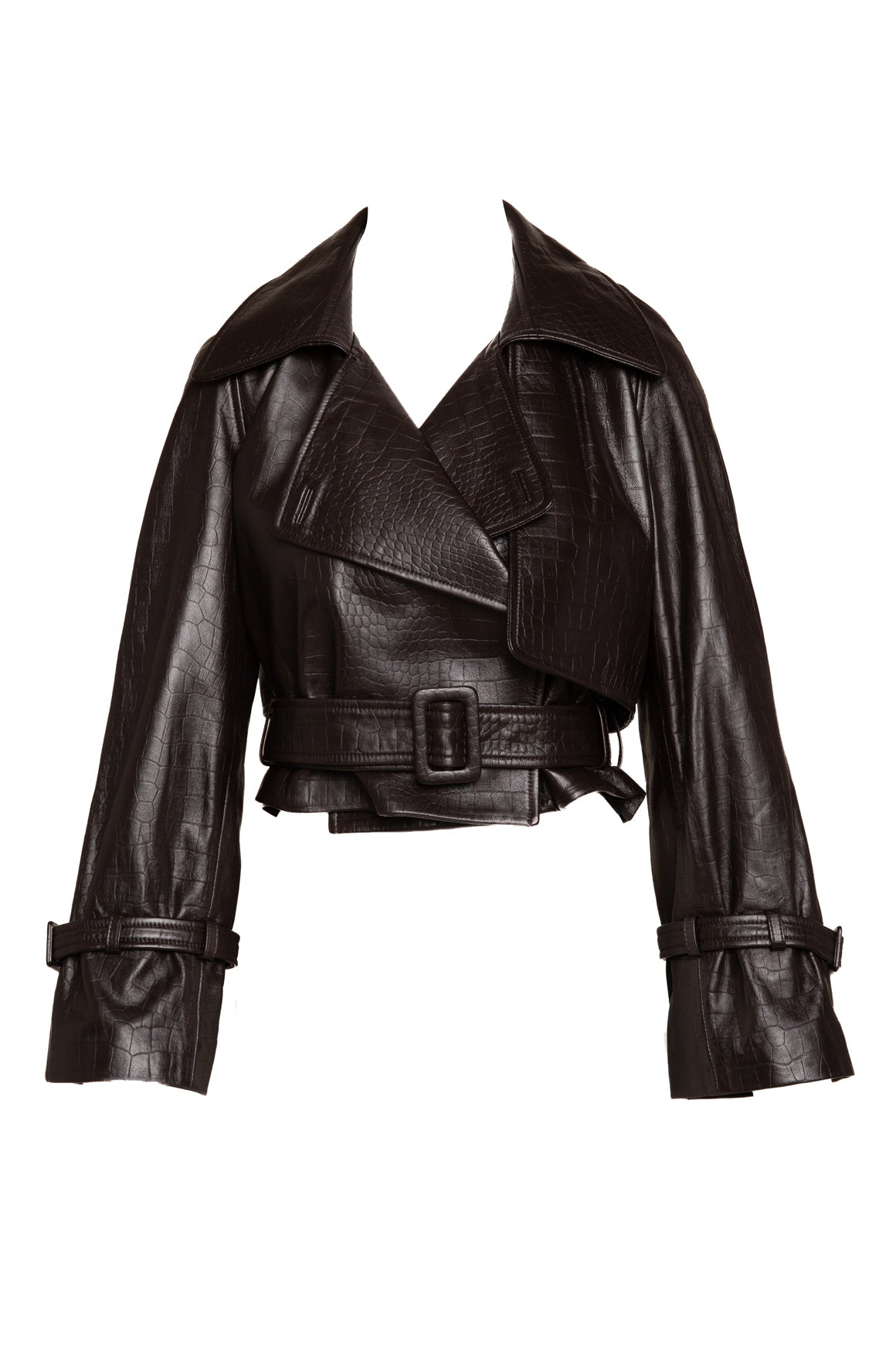 NOUR HAMMOUR Brown Croc Cropped Trench (Sz. 36/0)