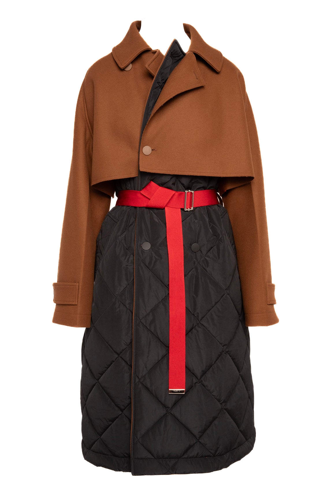 PLAN C Tri Color Wool & Quilted Nylon Coat W/ Belt (Sz.M)