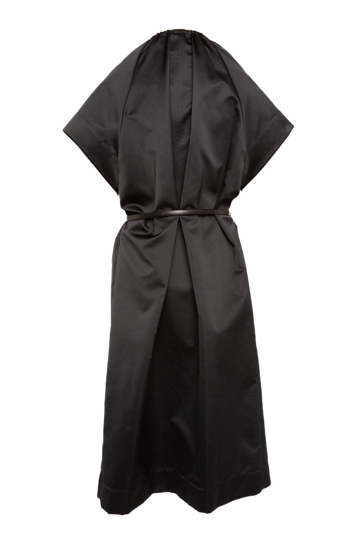 MANTU Black Satin Short-sleeve Belted Longline Overcoat (Sz.42/6)