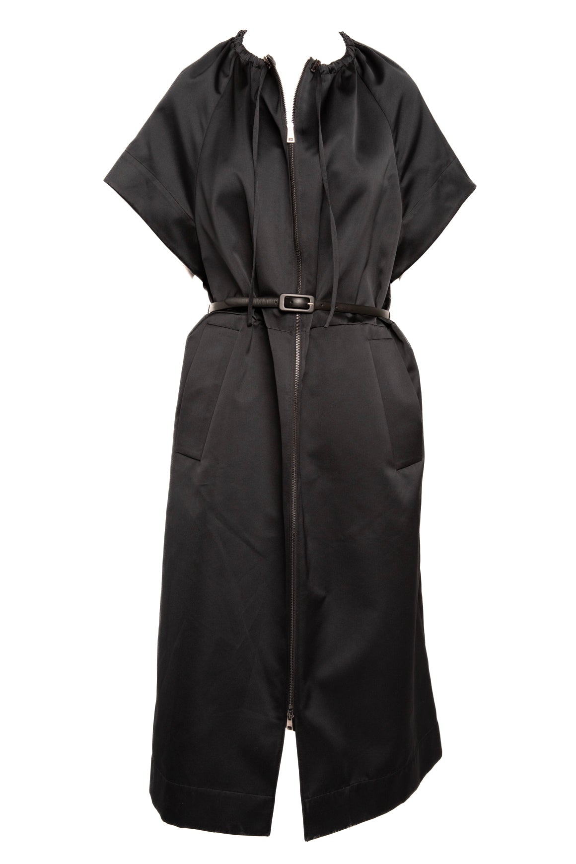 MANTU Black Satin Short-sleeve Belted Longline Overcoat (Sz.42/6)