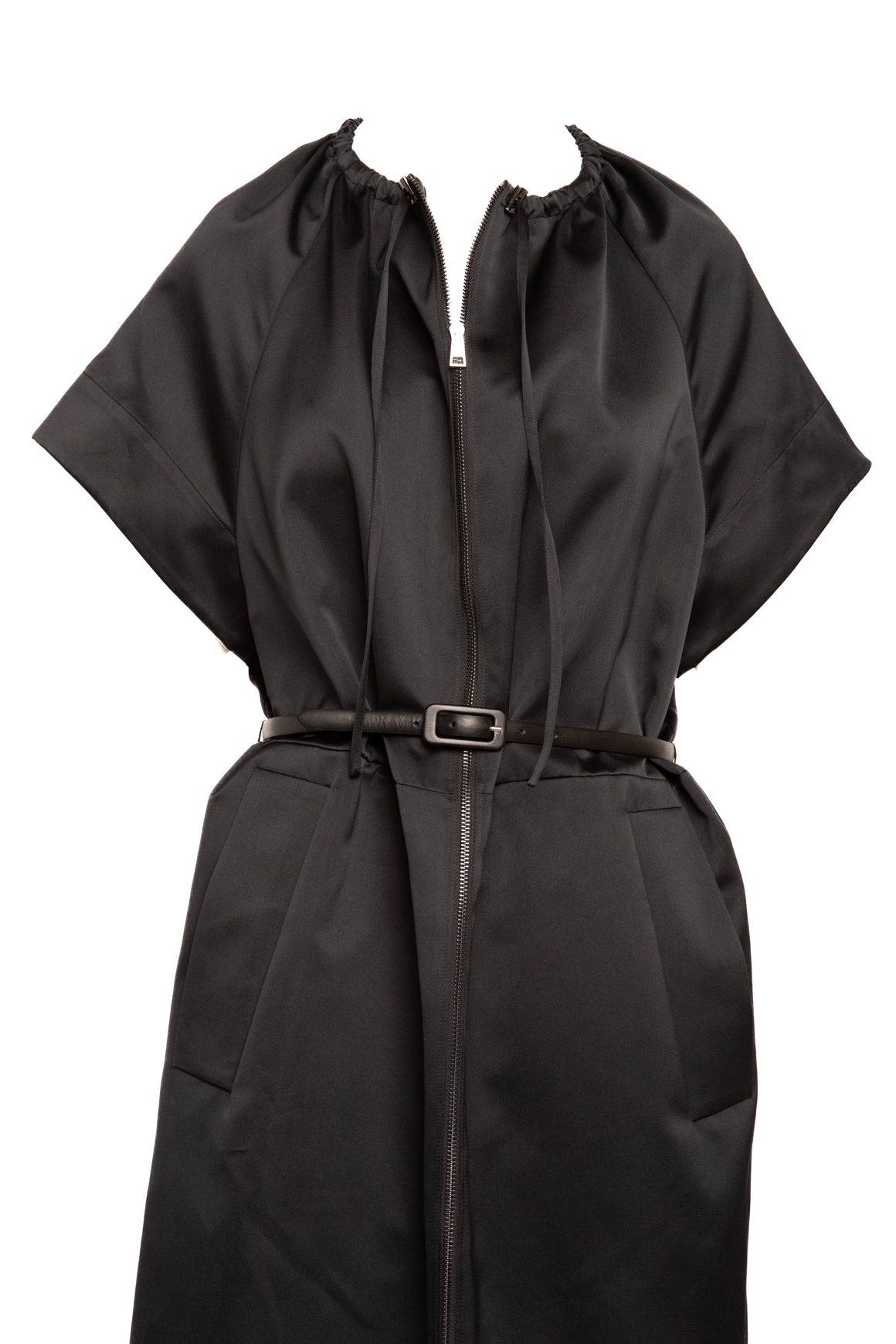 MANTU Black Satin Short-sleeve Belted Longline Overcoat (Sz.42/6)