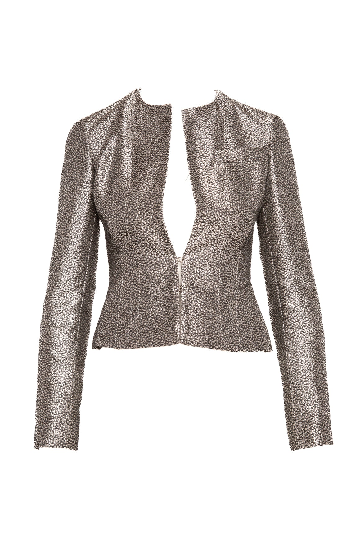 CHANEL Silver Collarless Long Sleeve Jacket (Sz. 4)
