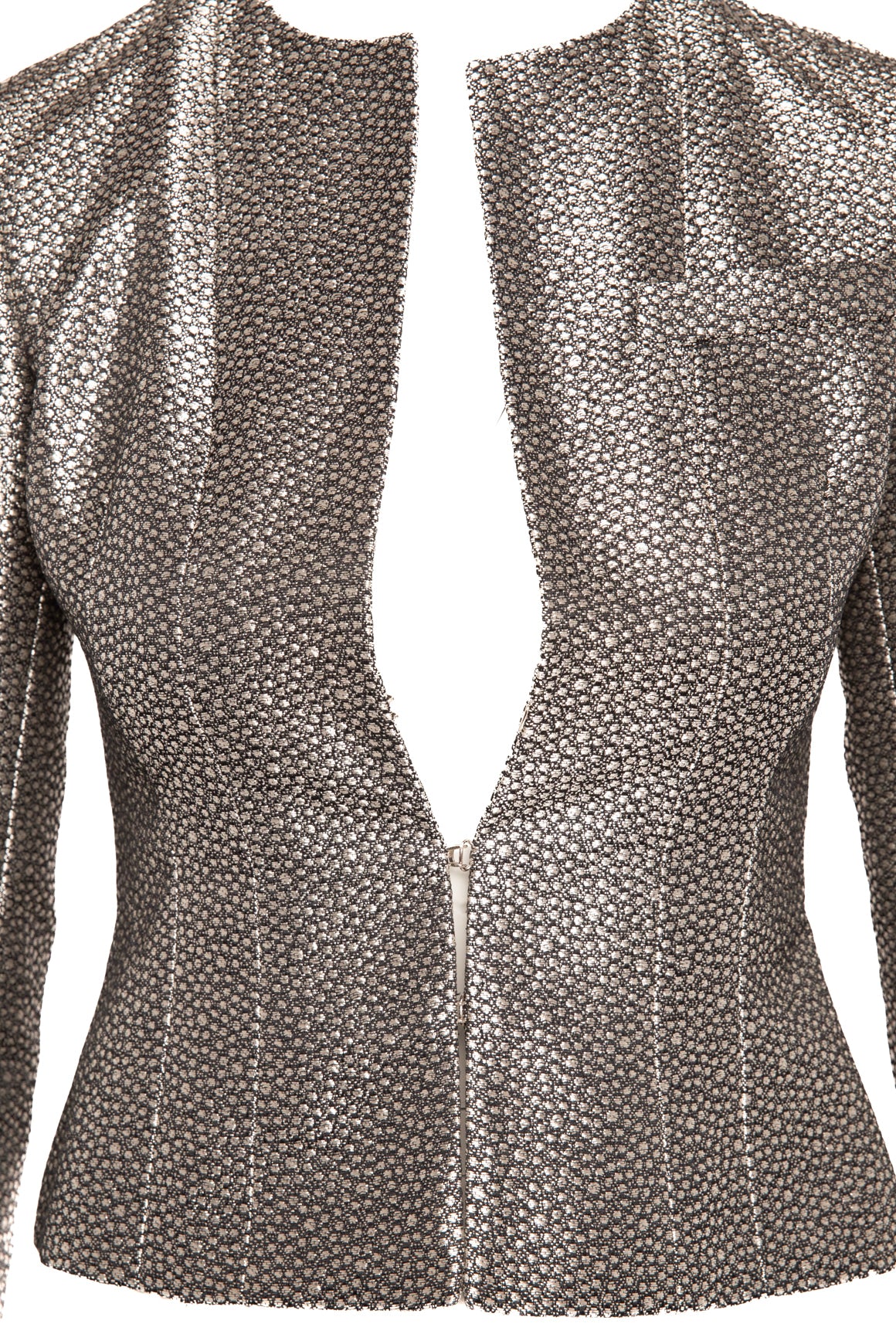 CHANEL Silver Collarless Long Sleeve Jacket (Sz. 4)