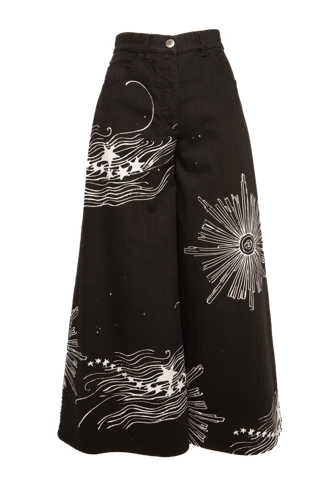 CHANEL Black Celestial Logo Print Wide Leg Jeans (Sz.38/4)