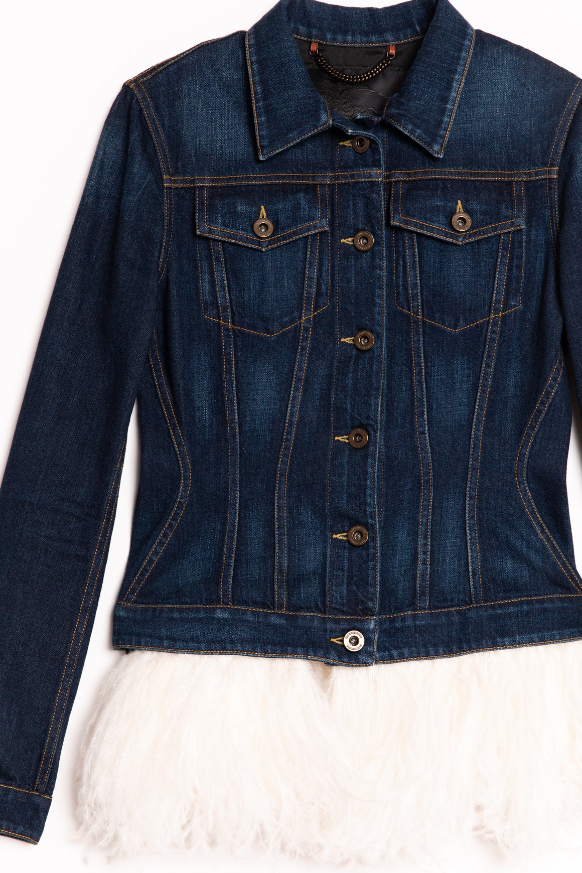 BURBERRY PRORSUM Dark Denim Jacket w/ Feather Trim