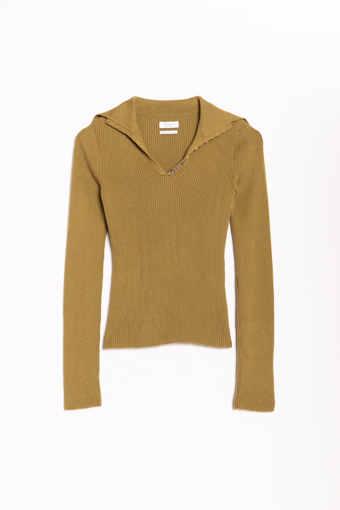 DEVEAUX Olive Green Ribbed Henley Sweater