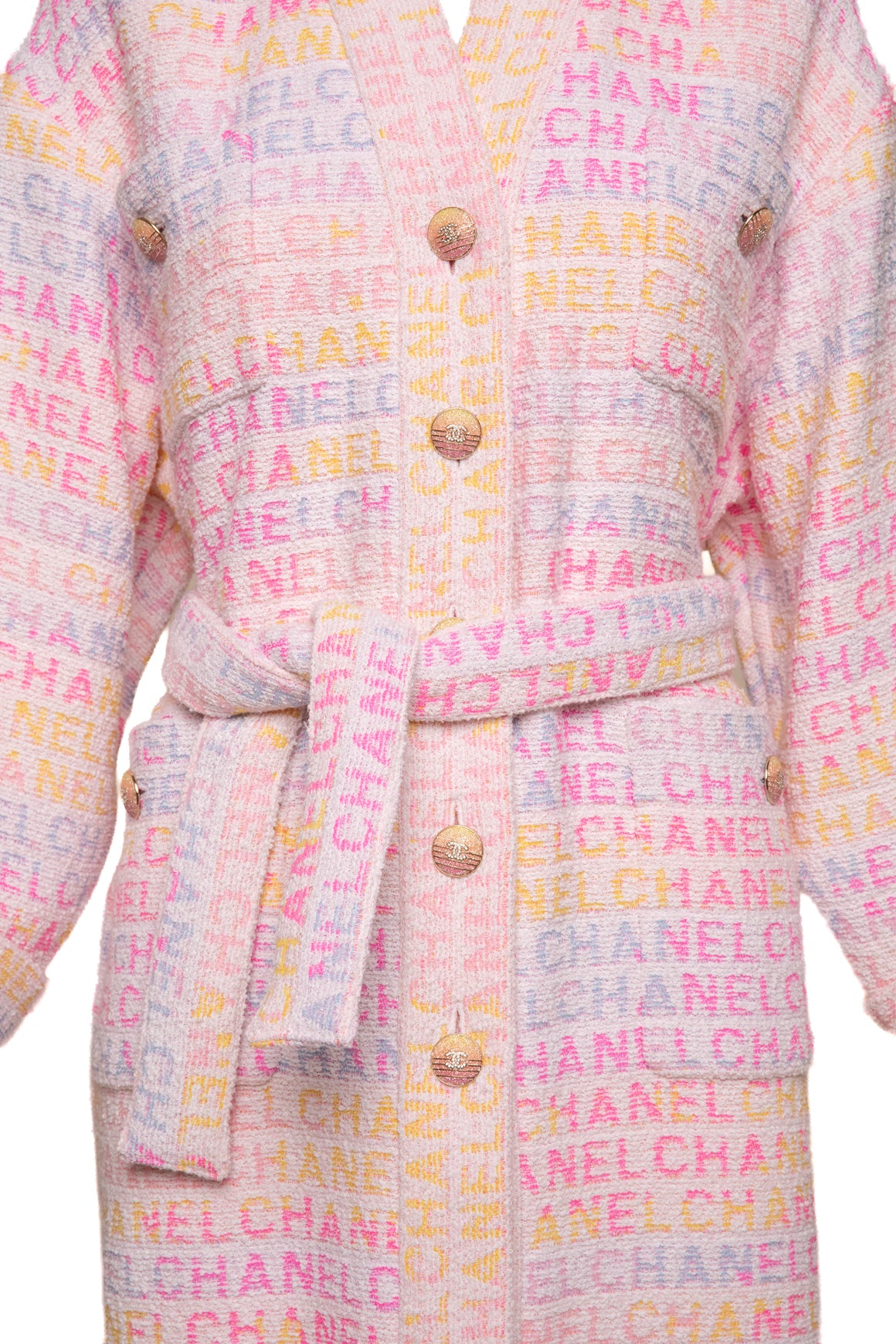 CHANEL Pink Pastel Logo Tweed Longline Jacket (Sz. 34/XS)